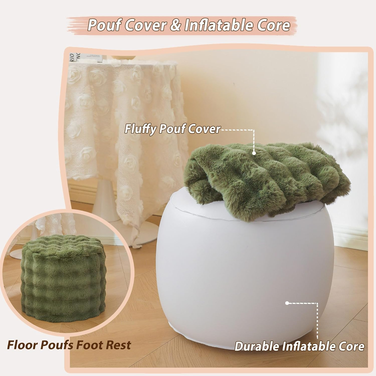 Faux Rabbit Fur round Inflatable Pouf Ottoman, 20" X 16" Plush Fuzzy Waffle Bubb