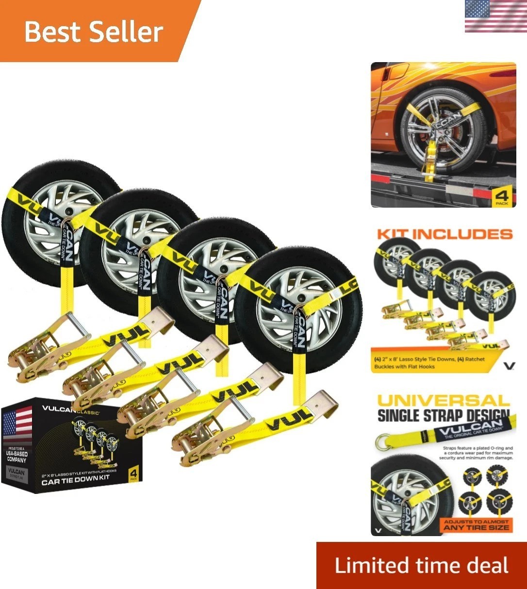 Car Tie Down with Flat Hooks - Lasso Style - 2 Inch x 96 Inch - 4 Pack - Clas...