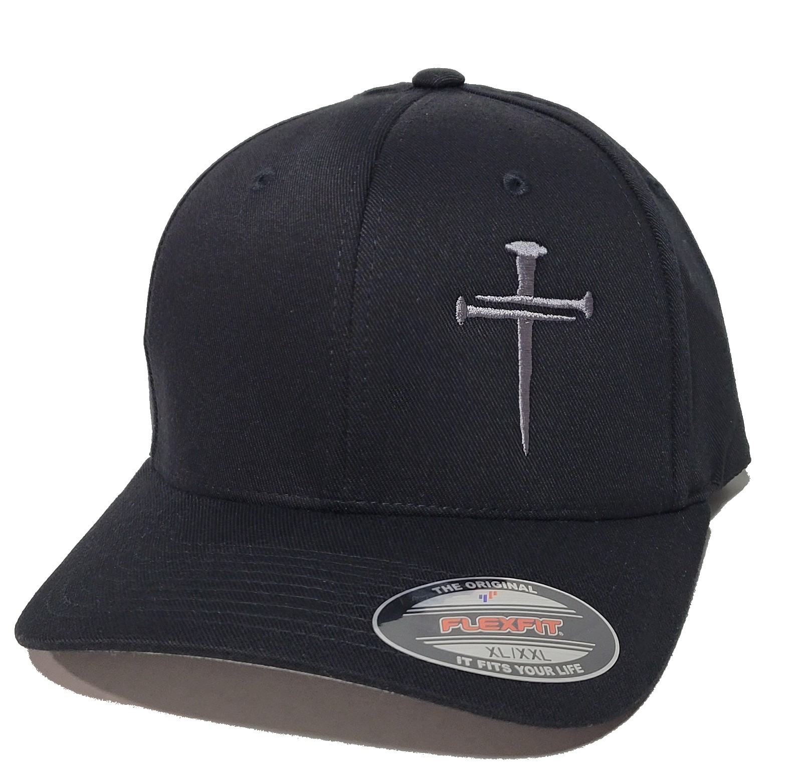 Christian Three Nail Cross  Embroidered 2XL XXL FLEXFIT Black Cap Hat 6277