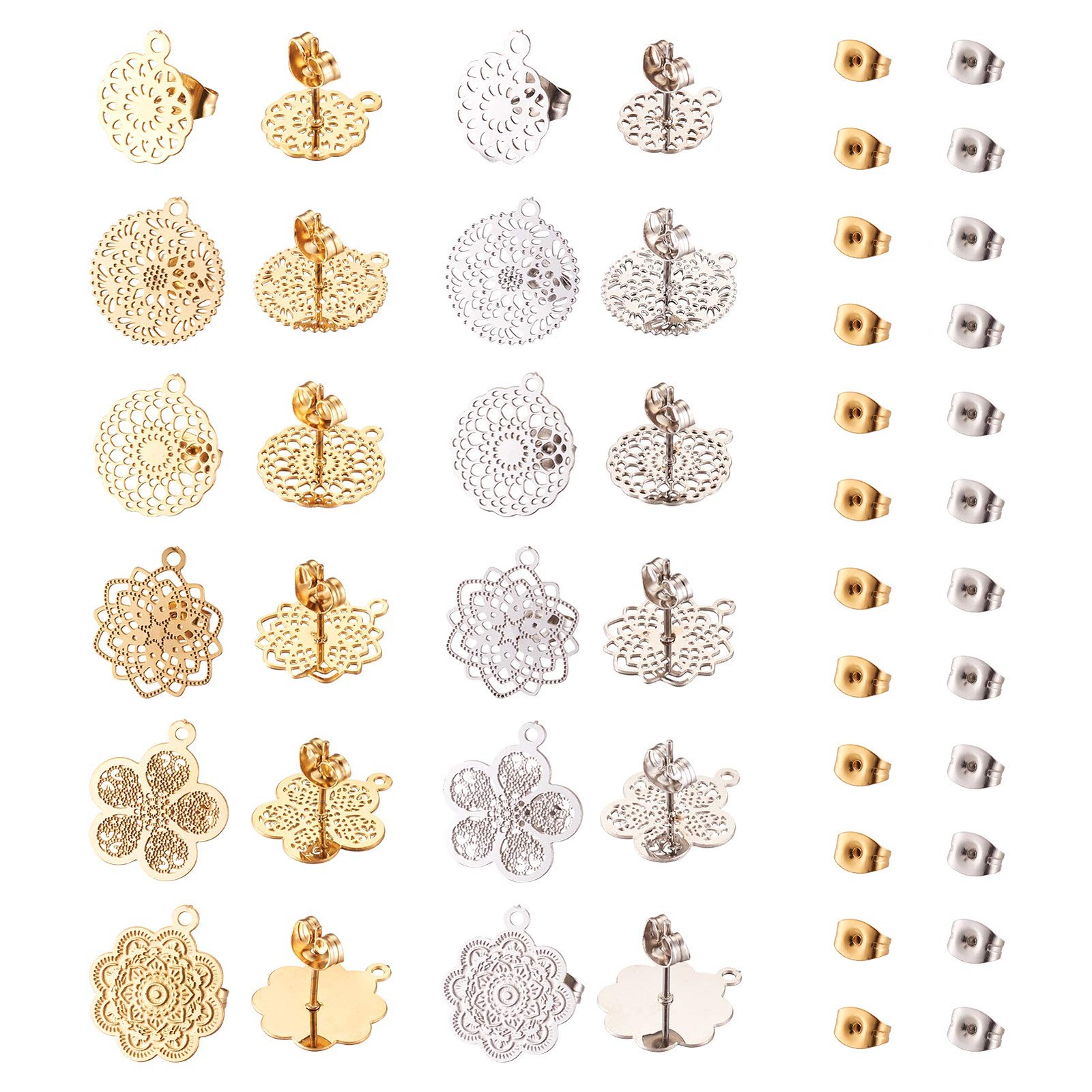 24pcs/12Pairs Stainless Steel Filigree Post Stud Earrings 2 Colors Flat Round...