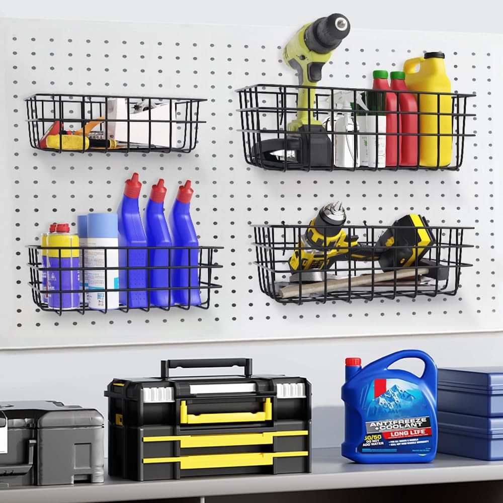 4 PCS Pegboard Baskets Bins Set Accessories Garage Storage Wall Organizer Square
