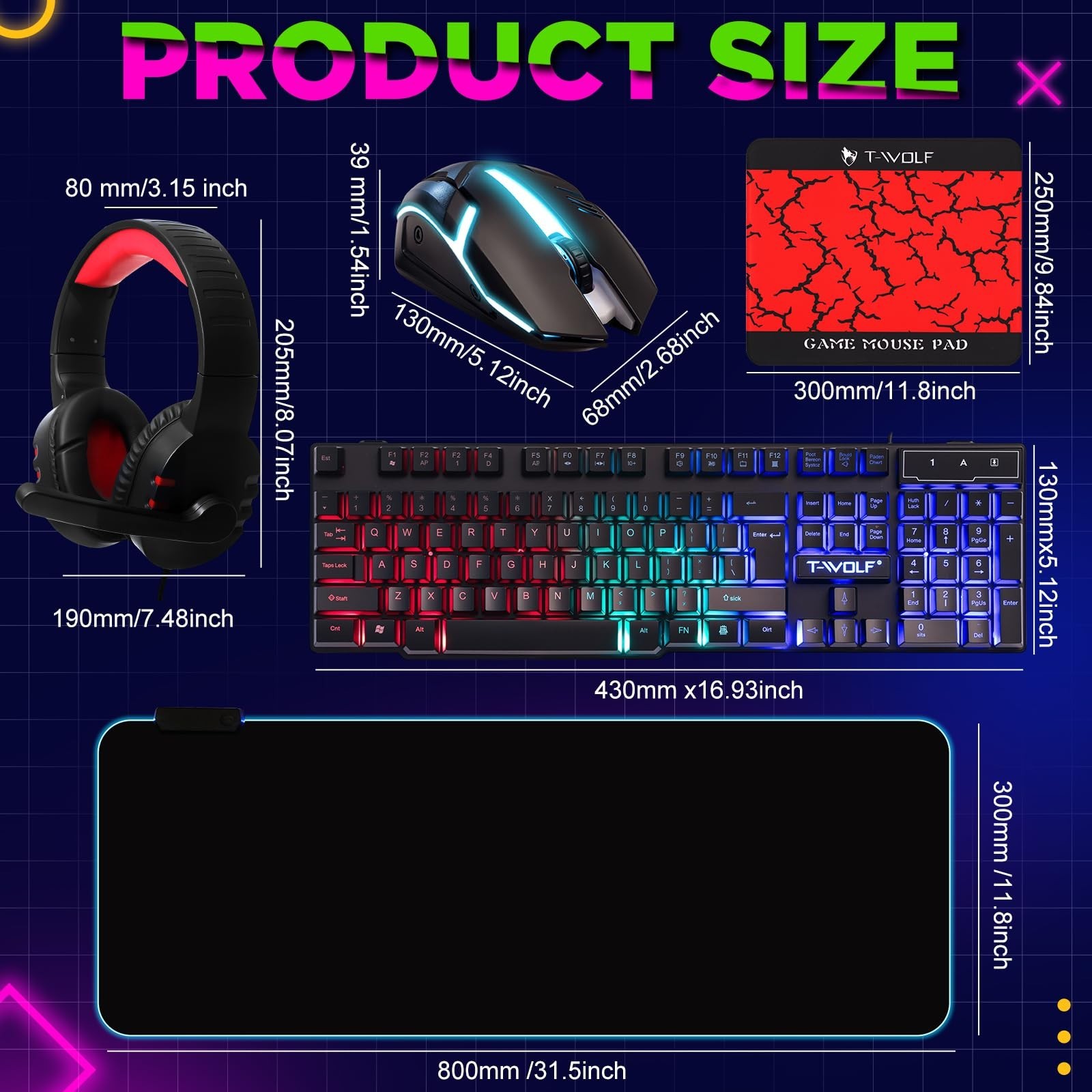 Vinsot 6 in 1 Gaming Accessories Bundle Includes Keyboard, Mouse, Mouse Pad, ...