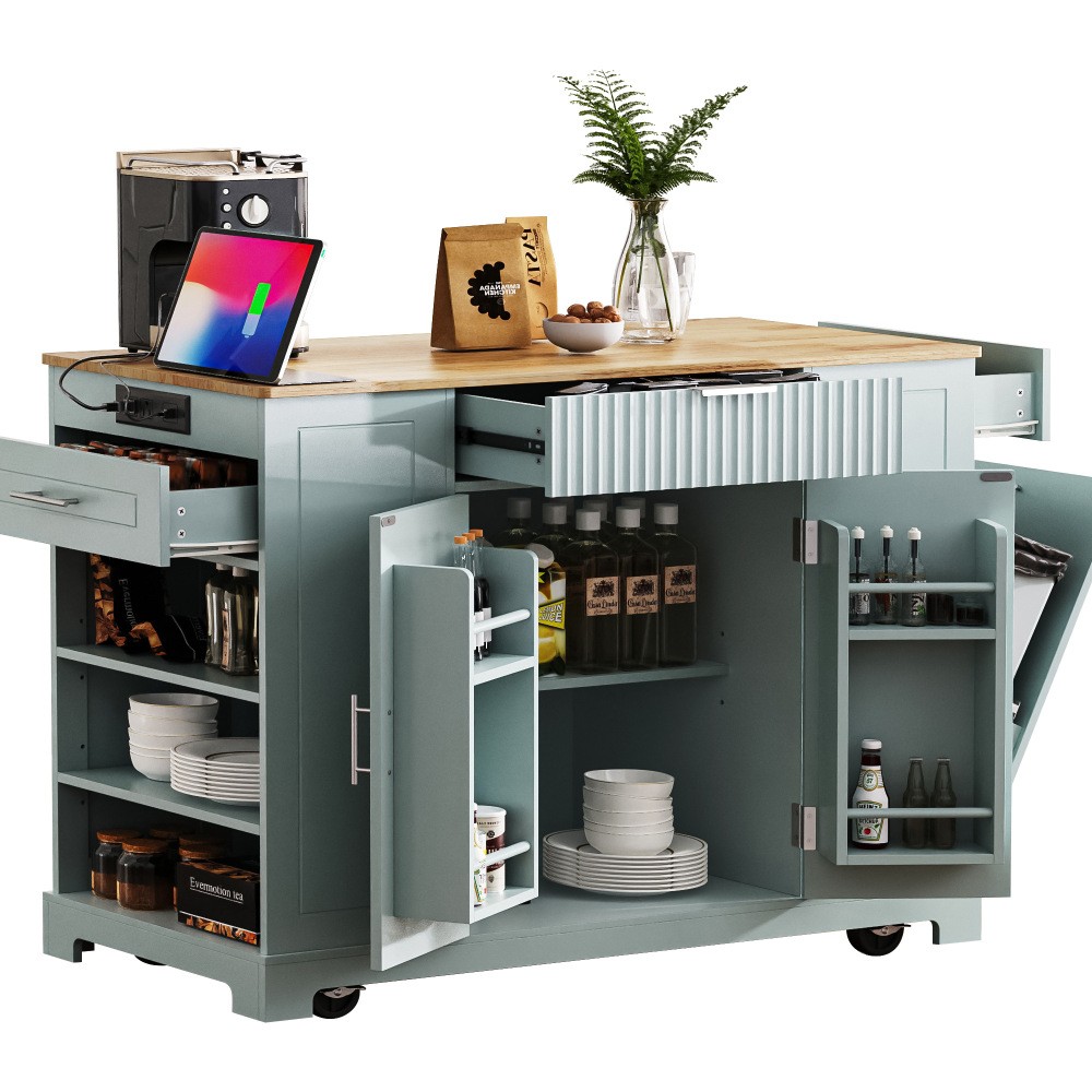 K&K Fluted Kitchen Island with Trash Can Storage Cabinet, Power Outlet