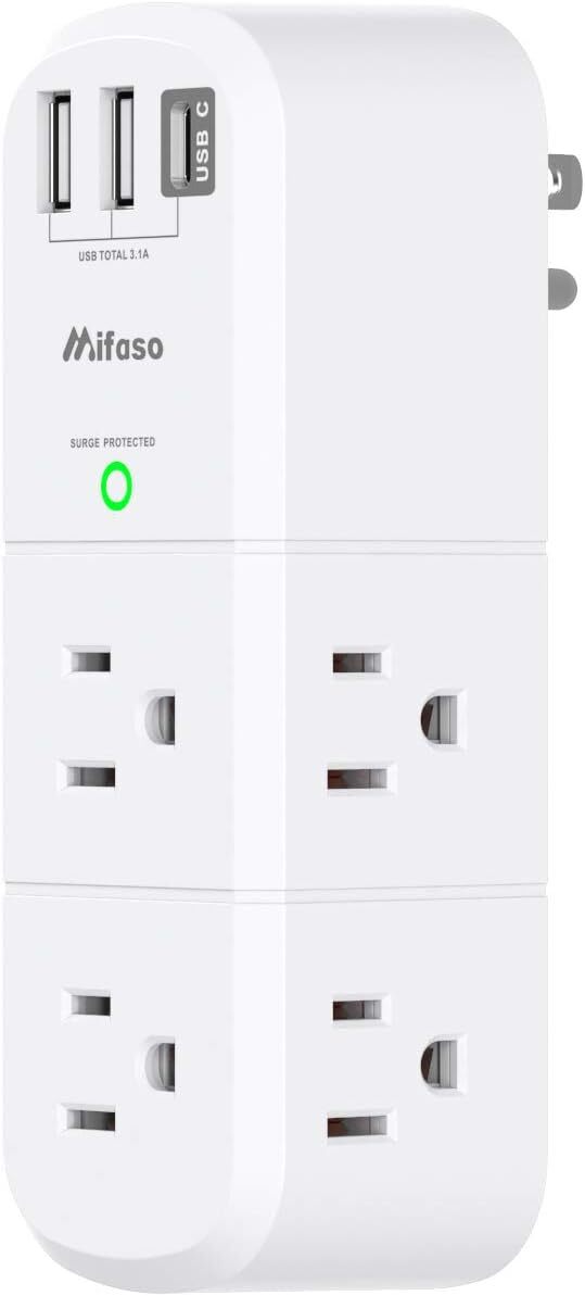 USB Outlet Extender Surge Protector - with Rotating Plug, 6 AC Multi White