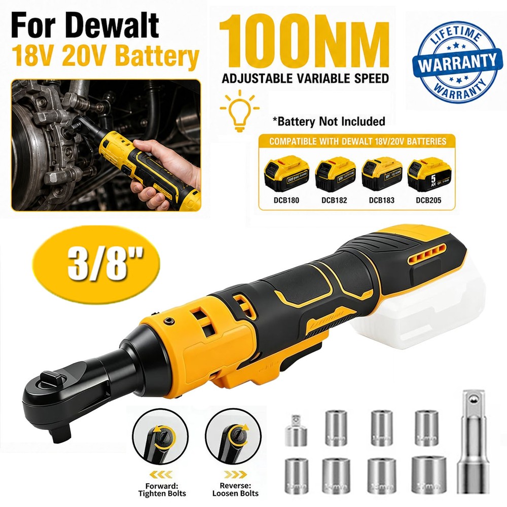 Cordless Electric Ratchet Wrench 3/8" for Dewalt 20V Li-Ion Battery- 100Ft-lbs