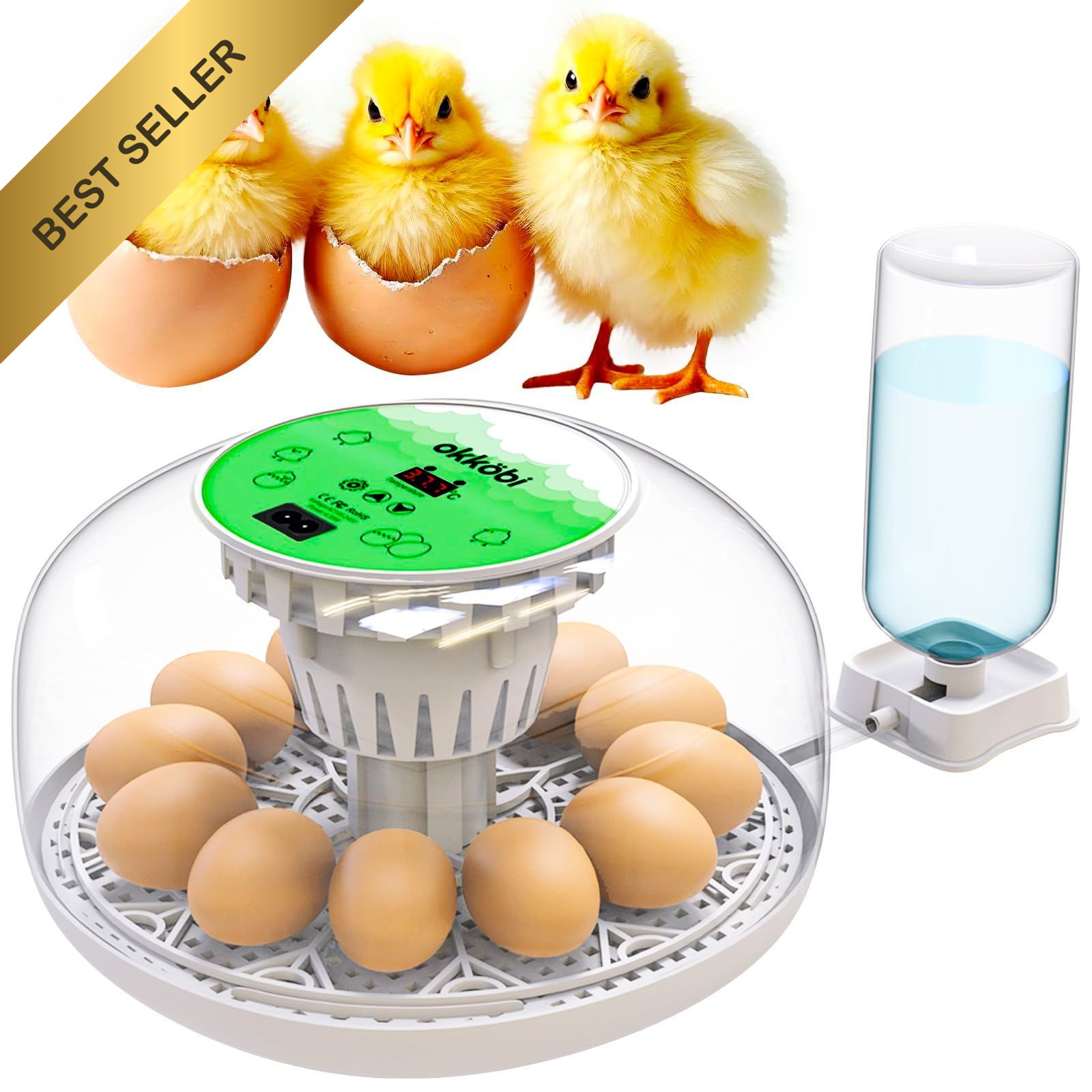 Okkobi M12 Egg Incubator Automatic Turner Humidity Control 12/24 Eggs White & Gr