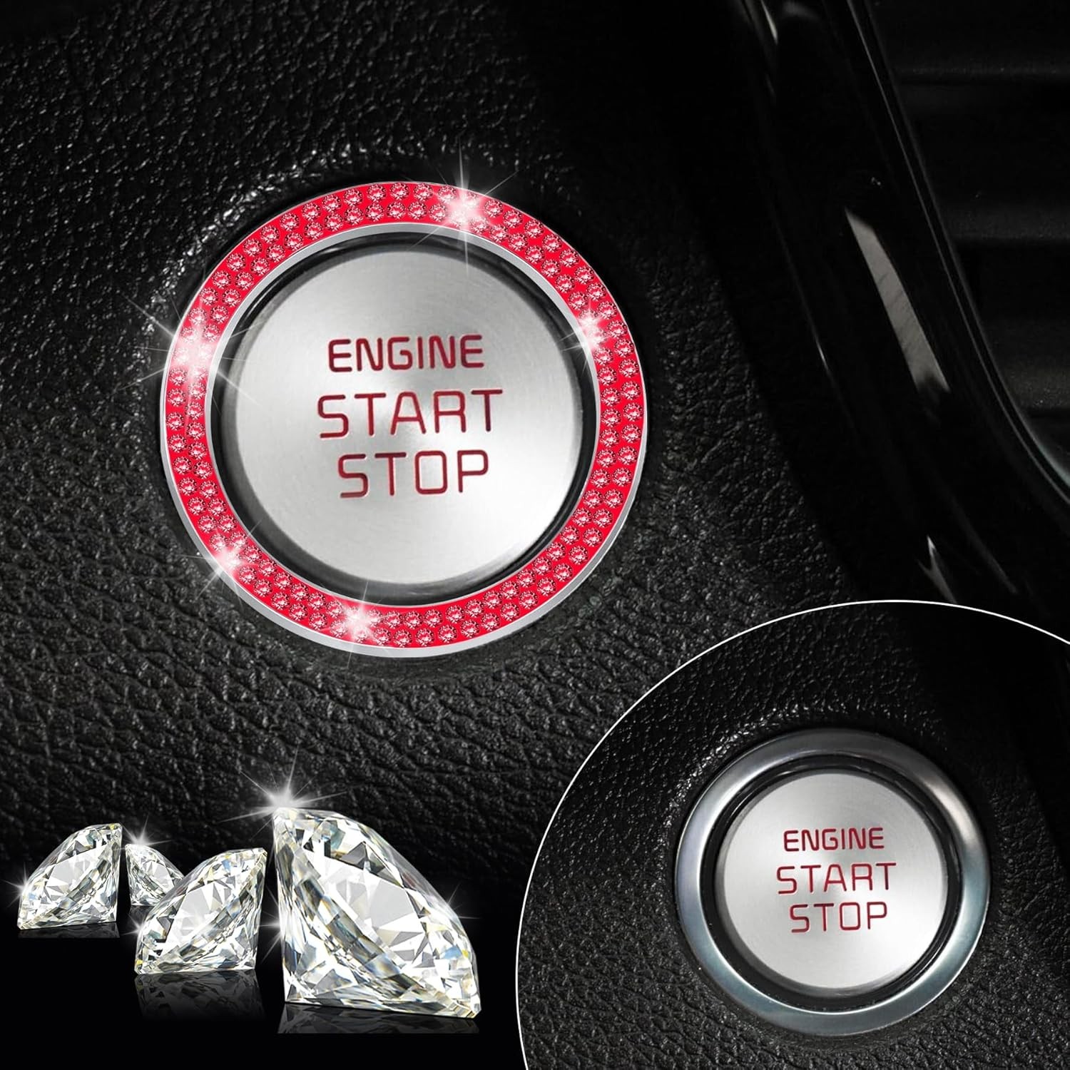 LivTee 2PCS Red Crystal Rhinestone Car Engine Start Stop Button Cover