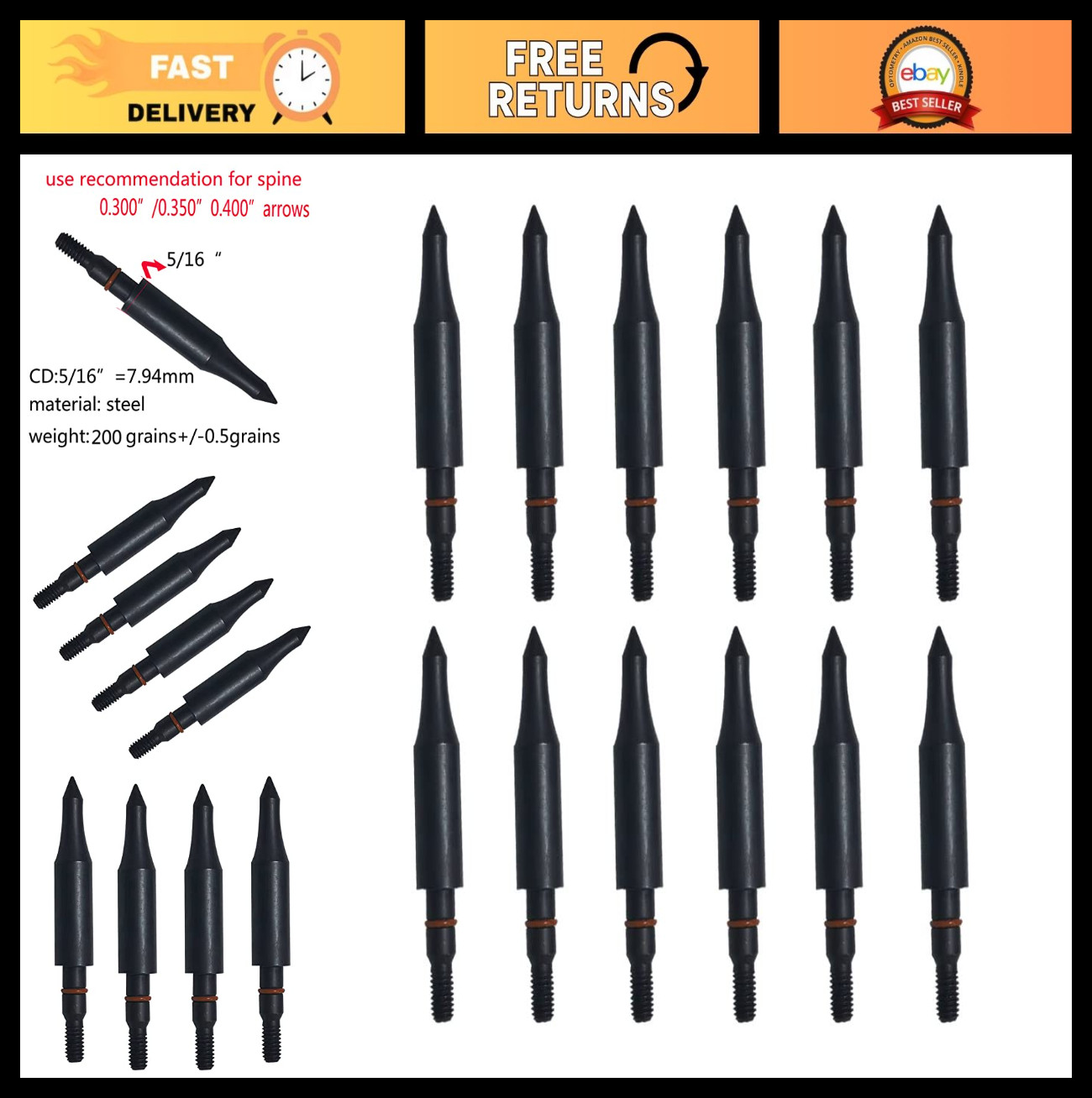 Archery Field Points 100-300 Grains, Steel Screw-In Tips, 12 Pack Arrowheads