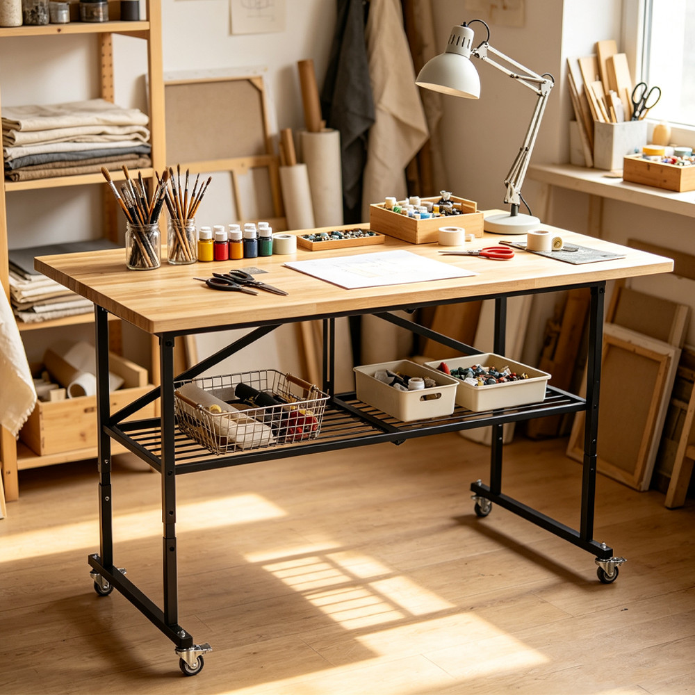 68.5" Portable Folding Hardwood Workbench Table With Adjustable Height & Wheels