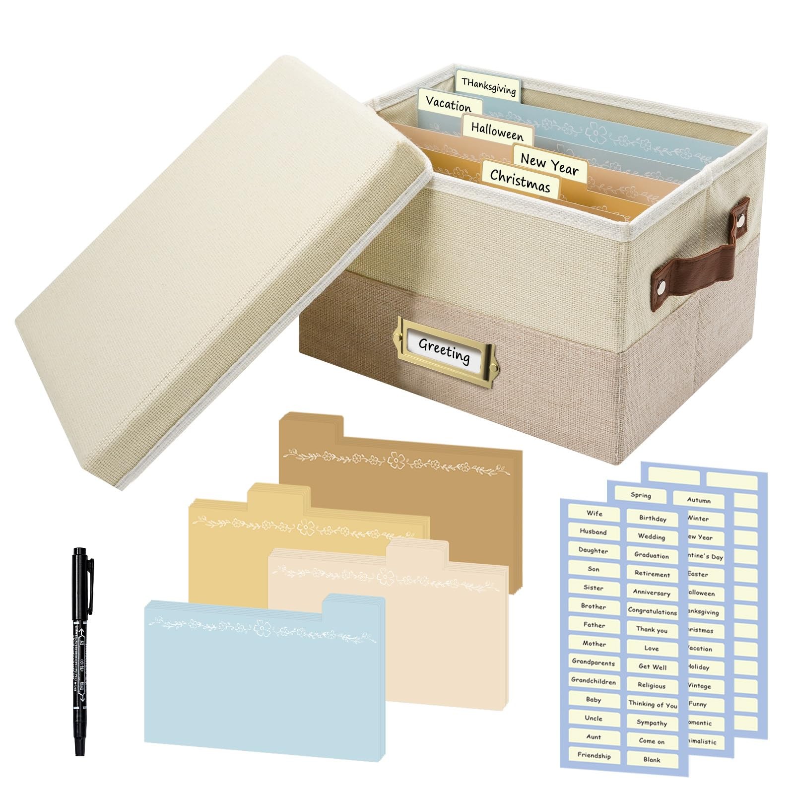 Remowith Greeting Card Organizer, Linen Storage Box with 1 Pack, Beige&Khaki