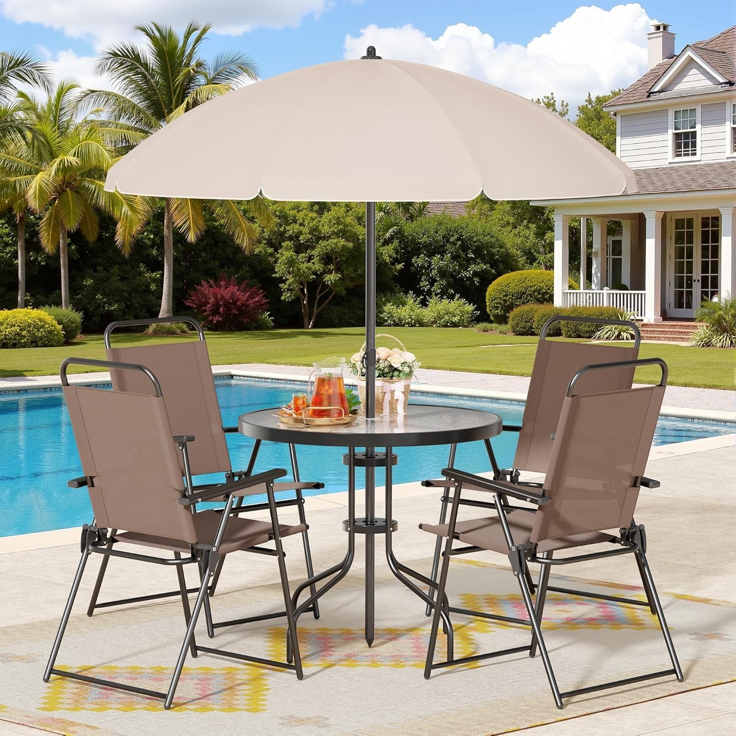 6 Piece Patio Dining Set with Umbrella, Outdoor Furniture Set with 4 Folding Cha