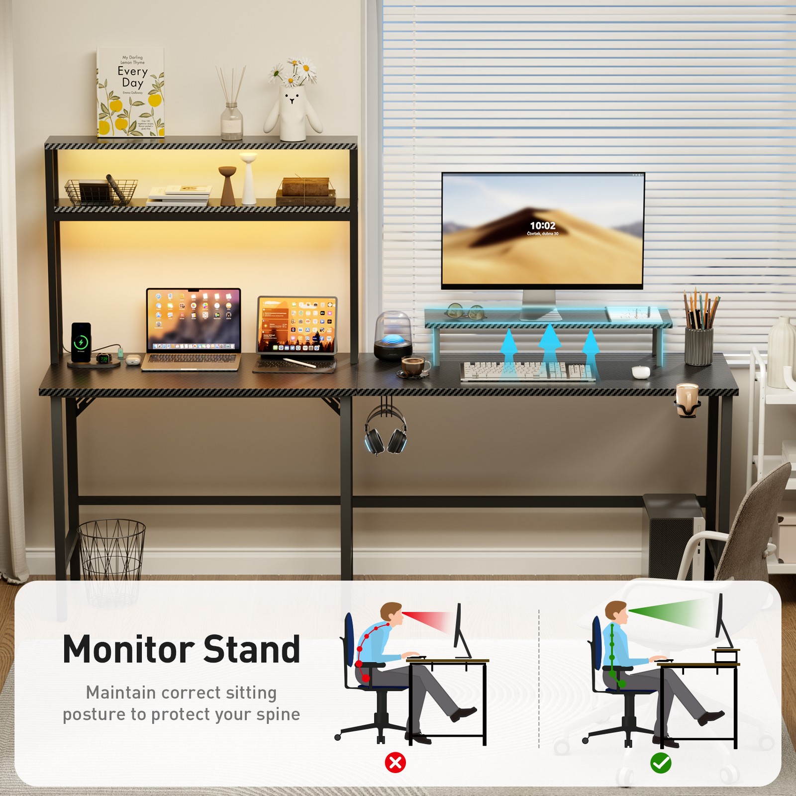 L Shaped Gaming Desk with LED & Power Outlets, Reversible Corner Computer Desk