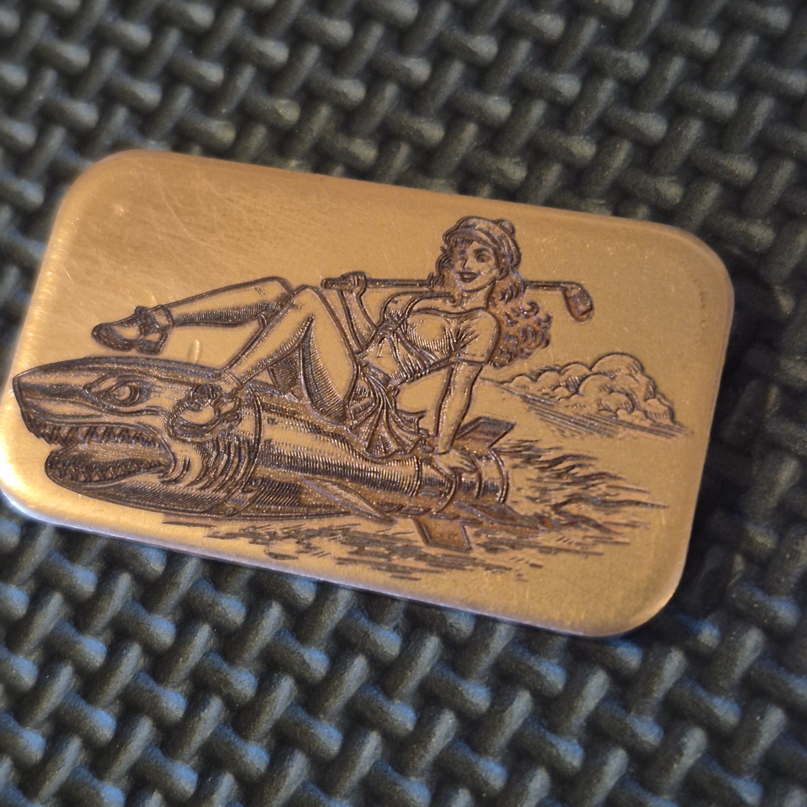 Custom Copper Golf Ball Marker / Pin Up Bomber Girl Missile Design / 1.75"x1"