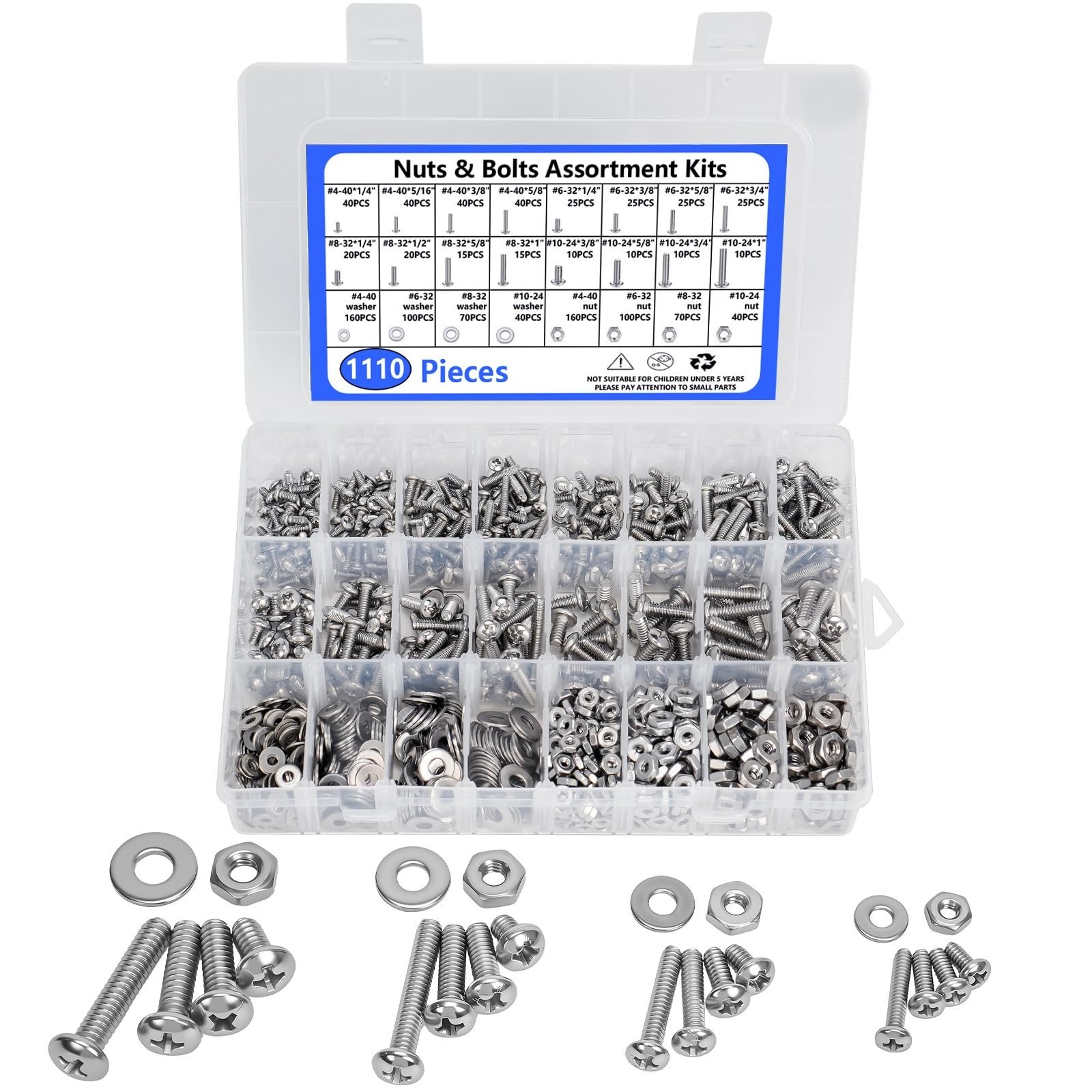 1110PCS Nuts and Bolts Assortment Kits, Stainless Steel Hardware Assortment K...