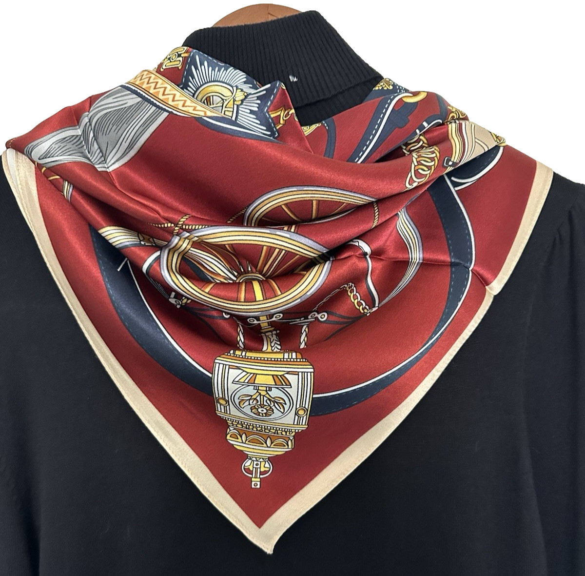 35"x35"Claret Carriage Print Pure Mulberry Satin Silk 14momme Scarf 88x88cm5-89