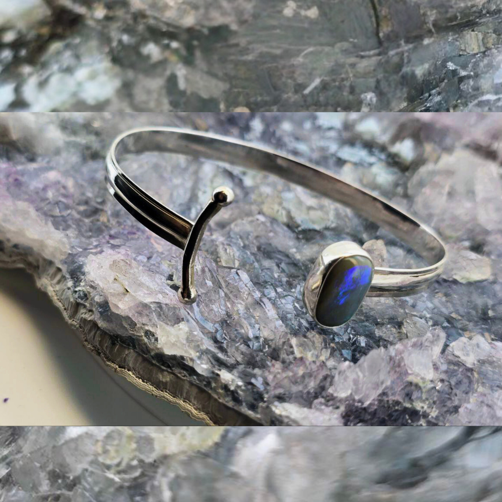 Yundrel Lightning Ridge Dark Opal 3.00ct S925 Silver Handmade Bangle