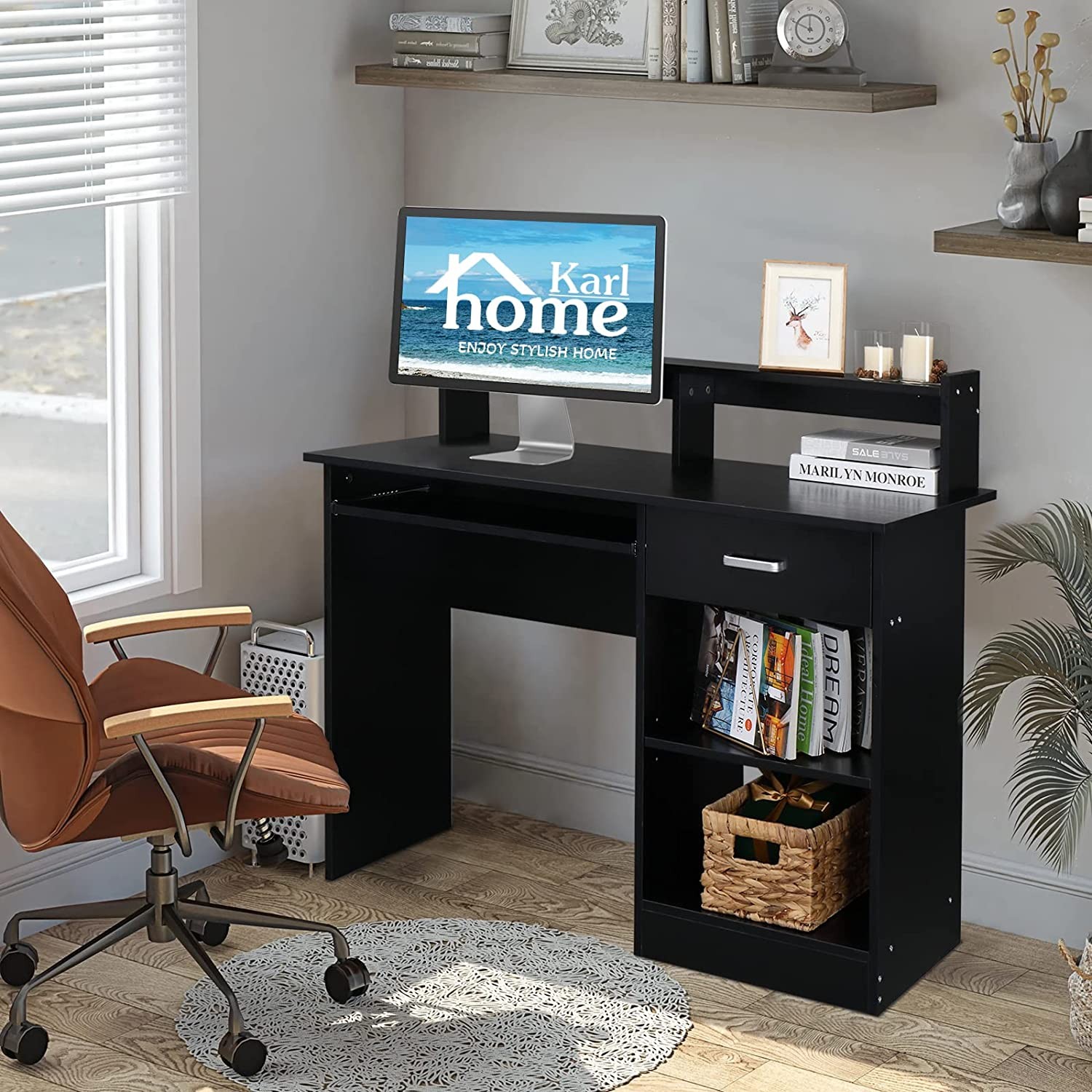 Gaming Table Computer Desk Laptop Office with Shelving Drawer Furniture Black