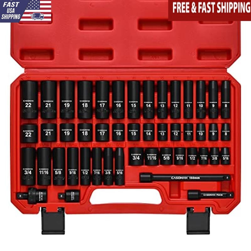 48-Piece 3/8" Drive Impact Socket Set Cr-V Steel SAE Metric 5/16-3/4 8-22mm Case