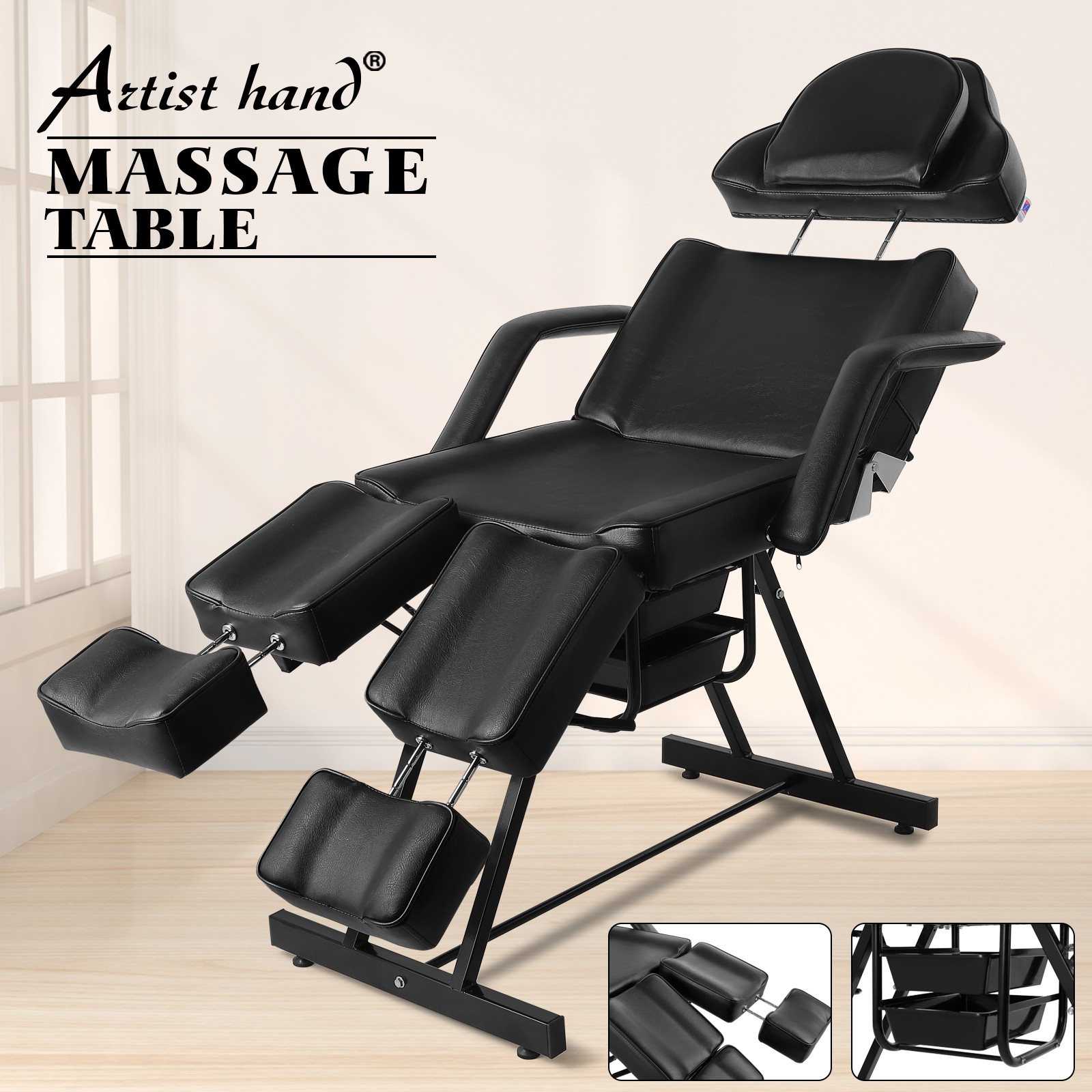 New Black Massage Table Facial Bed Tattoo Spa Beauty Pedicure Split Leg w/Tray