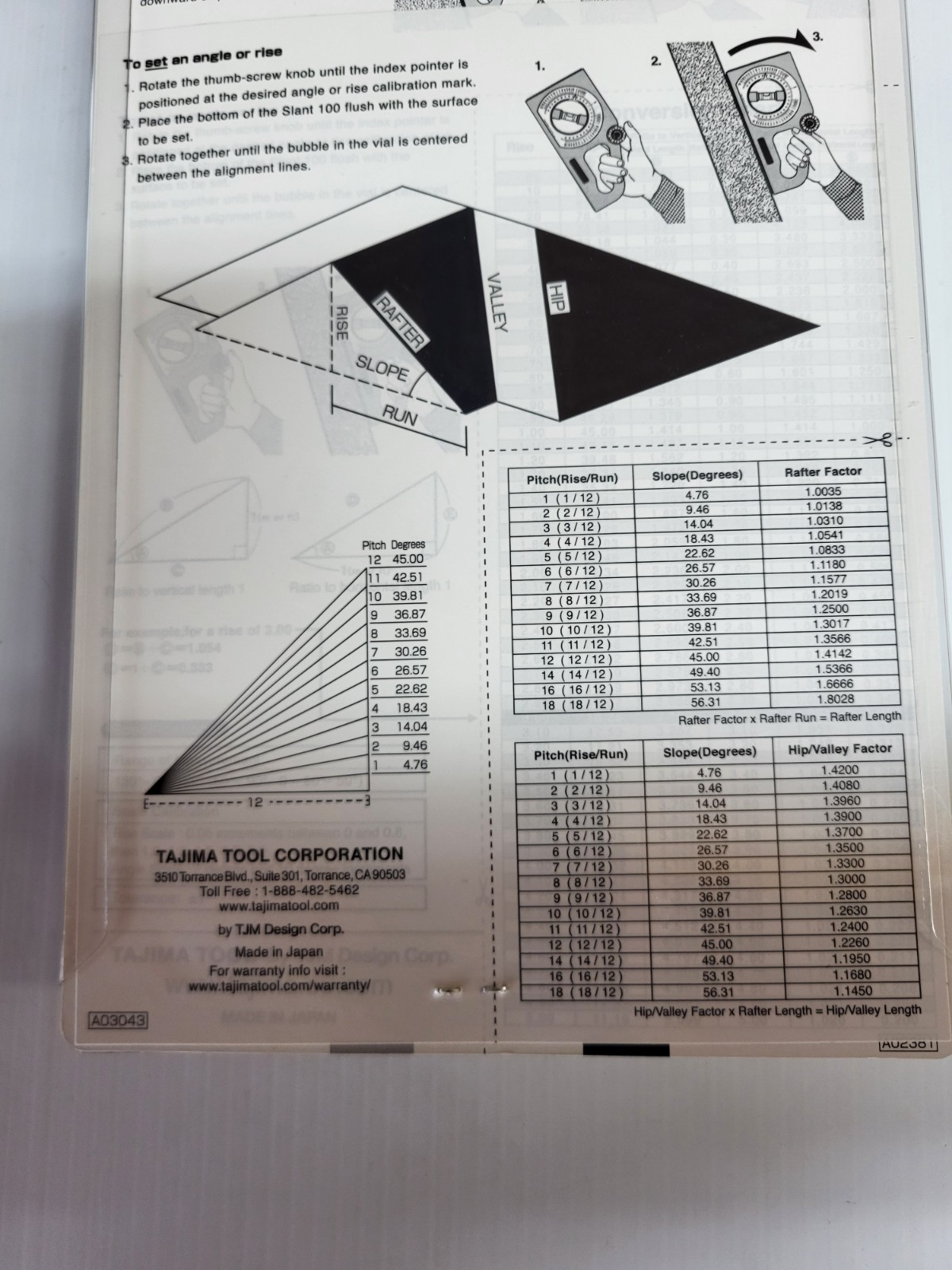 Tajima SLT-100 Rotary Angle Meter Dual Scale