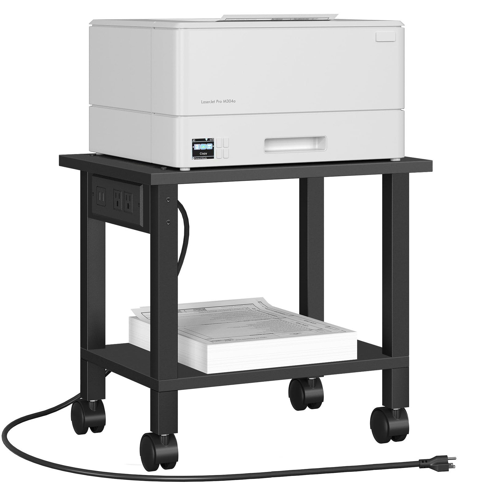 2 Tier Rolling Printer Cart Stand with Power Outlets USB Ports Under Desk