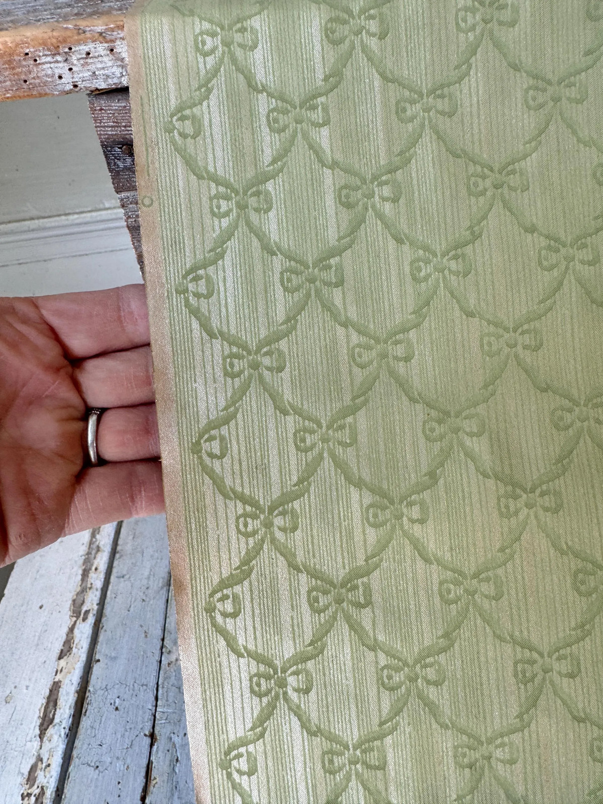 20 inches antique French wallpaper opalescent sheen green lattice wallcoverings