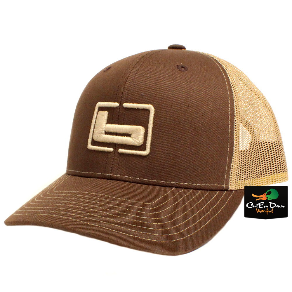 NEW BANDED TRUCKER CAP MESH BACK HAT BROWN AND KHAKI W/ "b" LOGO