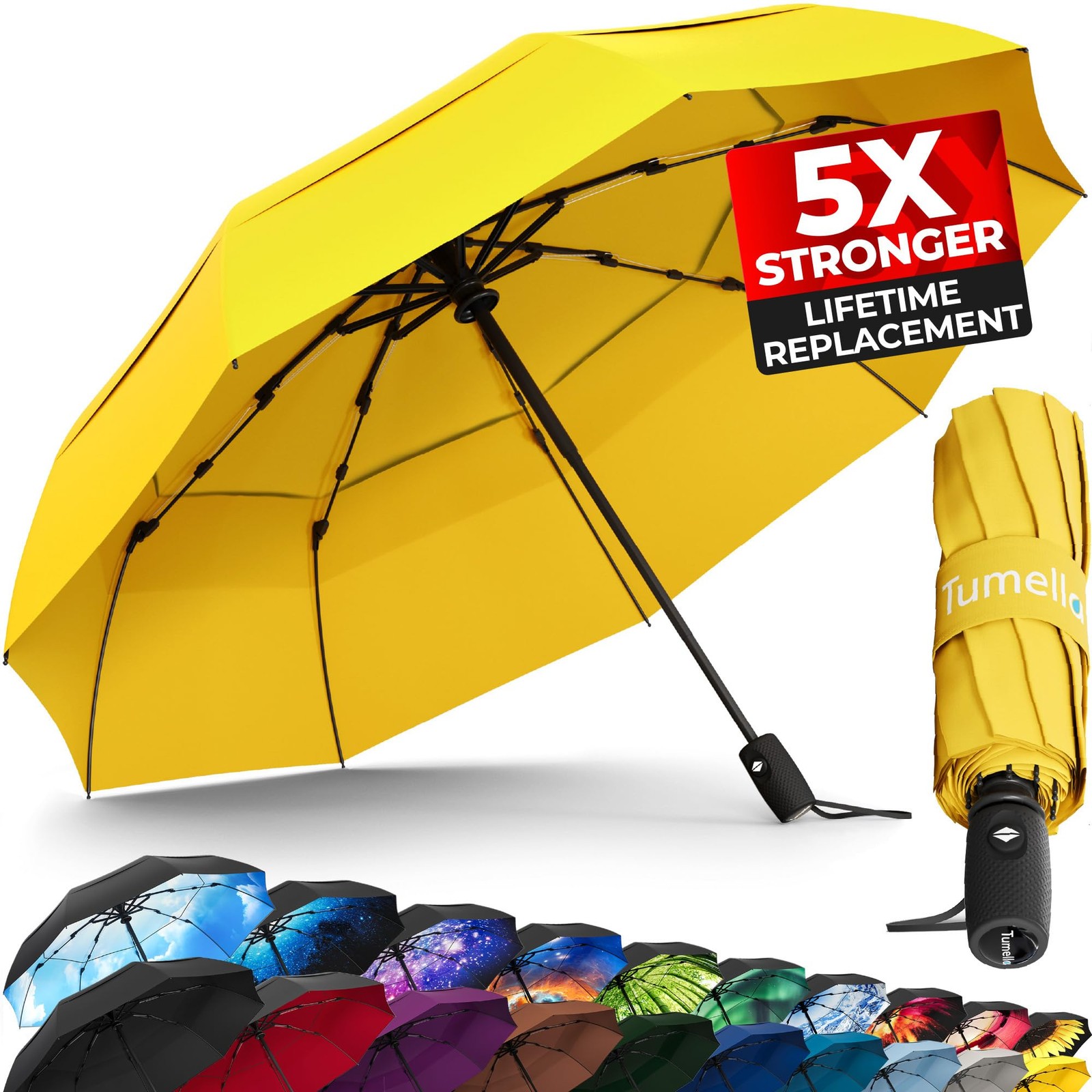 TUMELLA Strongest Windproof Travel Umbrella (Compact, 42 inch, 1-pack Yellow