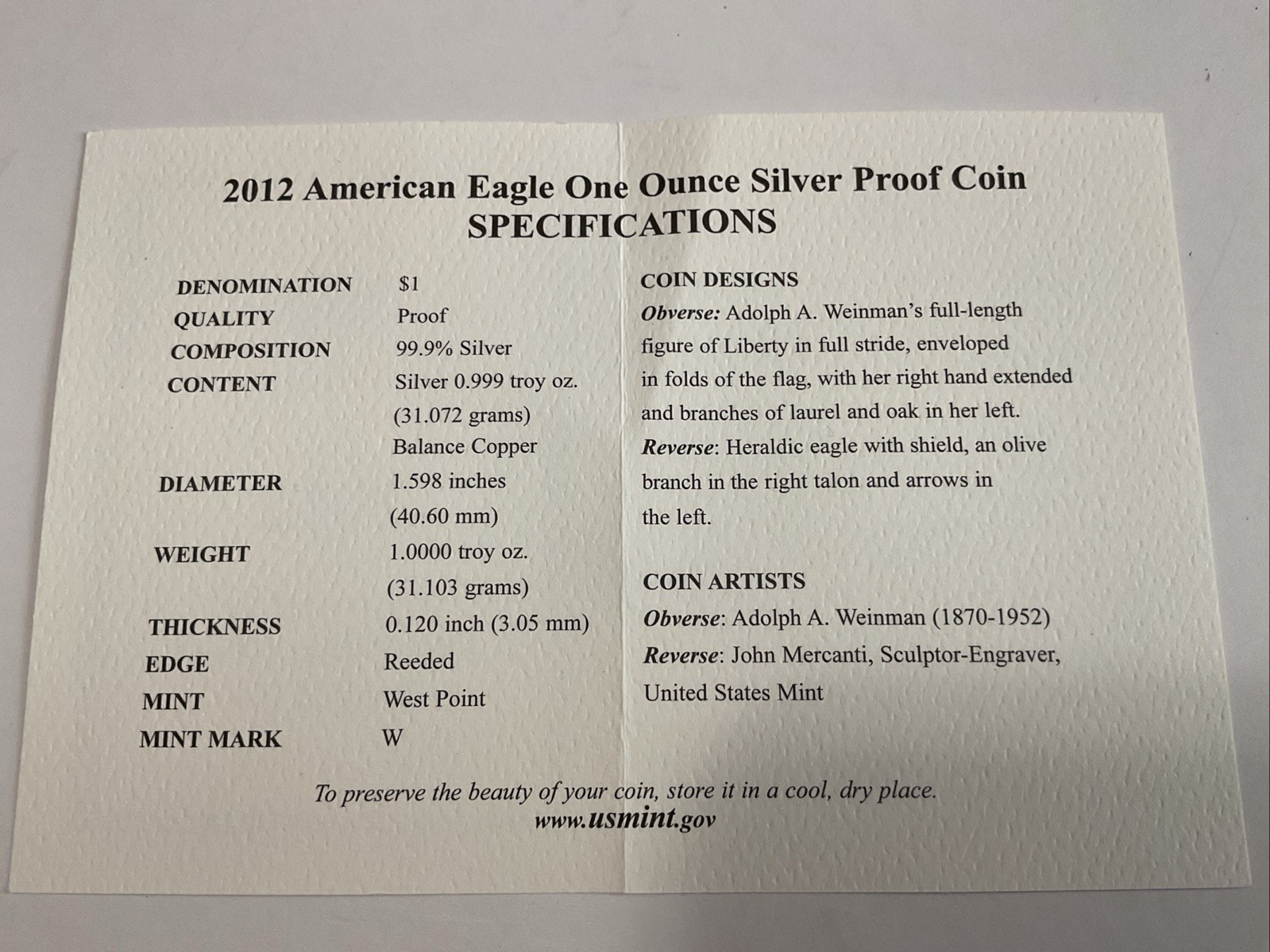 2012-W Proof American Silver Eagle Box, OGP & COA