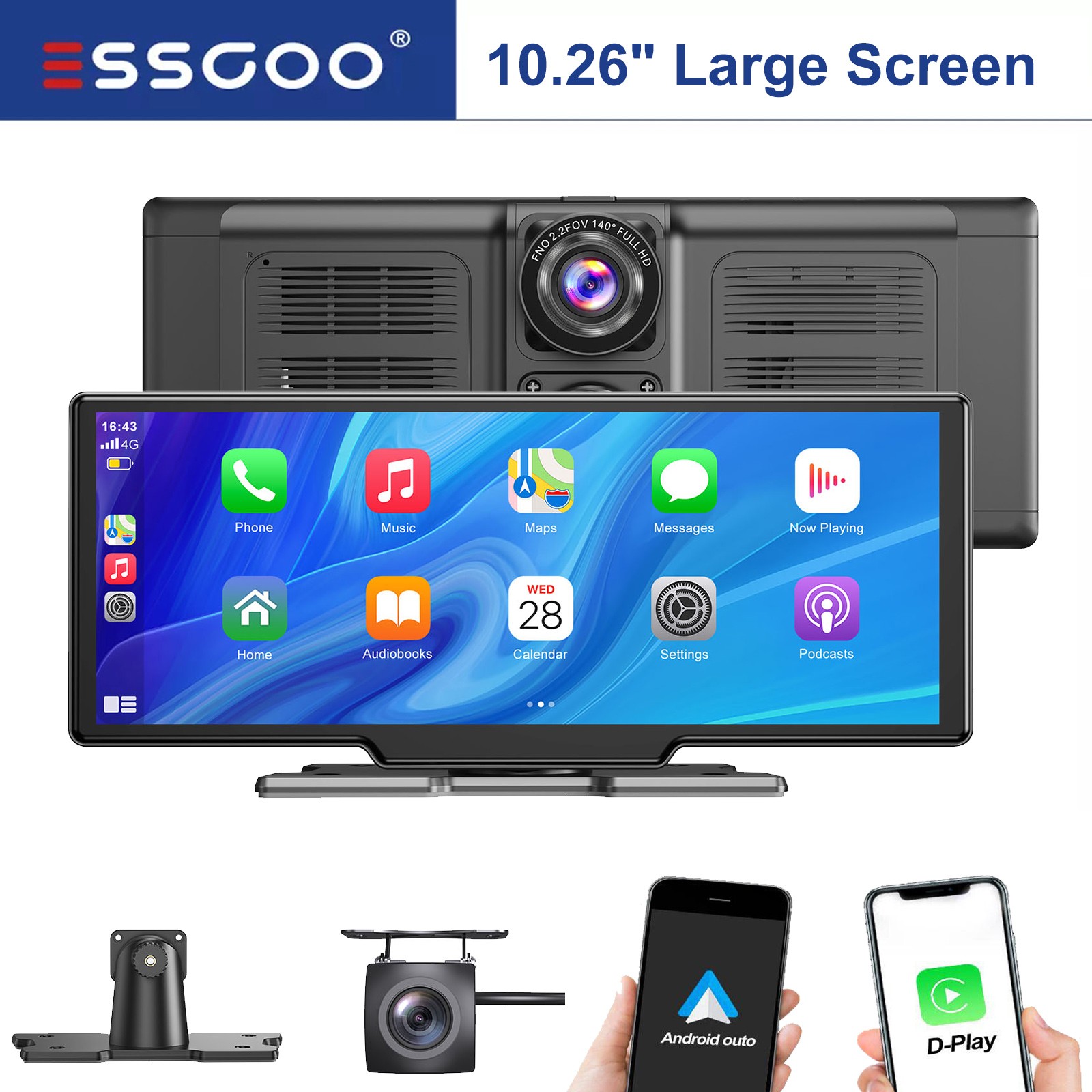 10.26" 4K Wireless CarPlay BT Screen with 4K Dash Cam & 1080P Backup Camera US