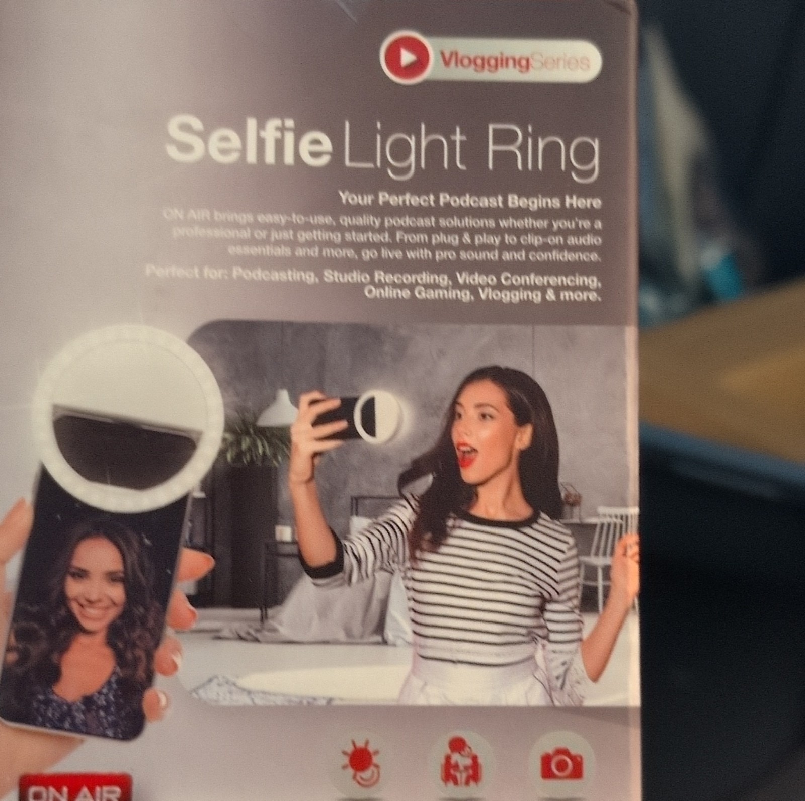On Air Selfie Light Ring 36 LED Clip-On 3 Brightness Levels Soft Light White
