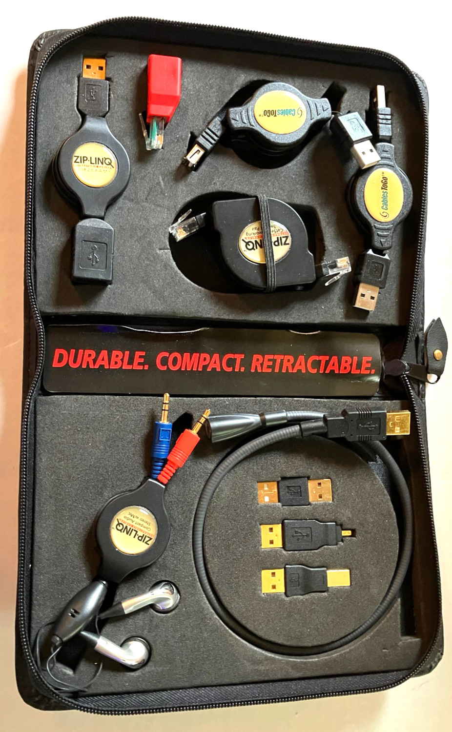 Zip-Linq/ Cables to Go/Retractable Cable Kit in zip -up  Case 6" x 8.5" x 1.5"
