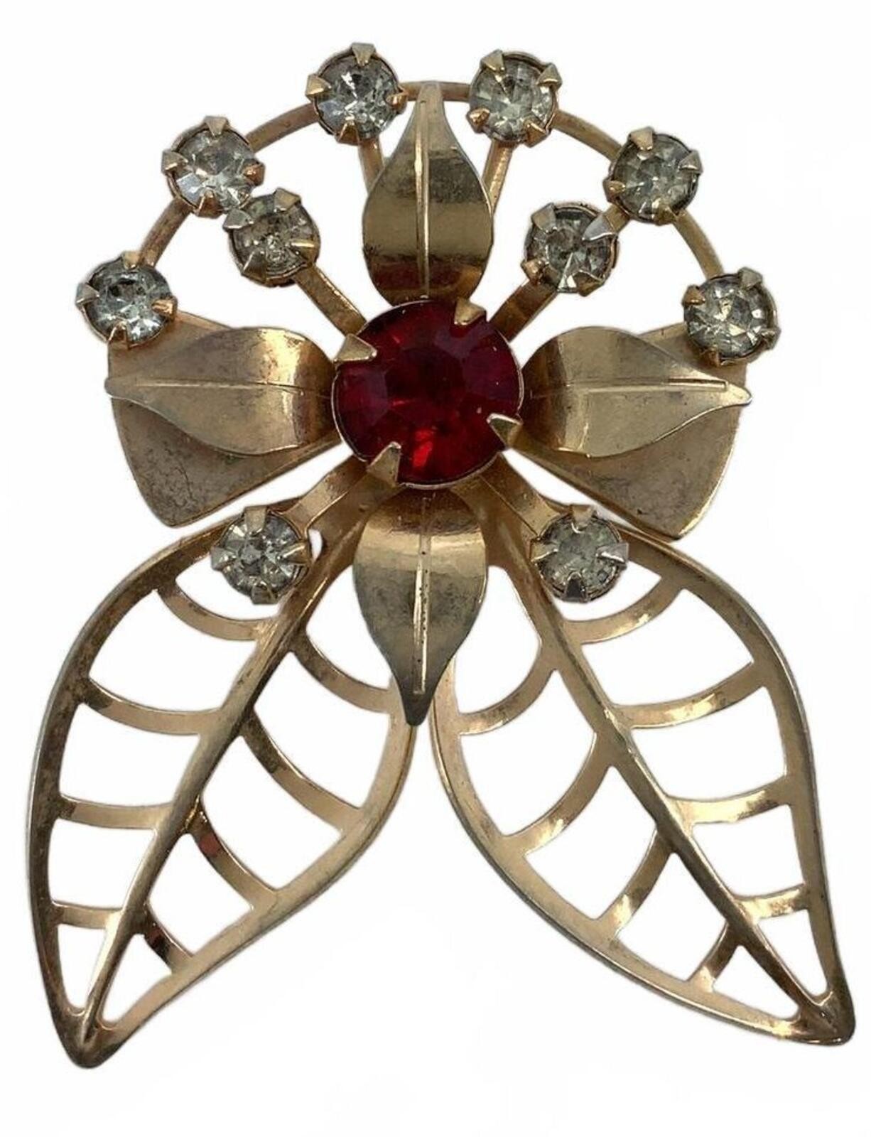 Vintage Gold Tone Rhinestone Mid Century Floral Brooch Red Glass Leaf Pin Small
