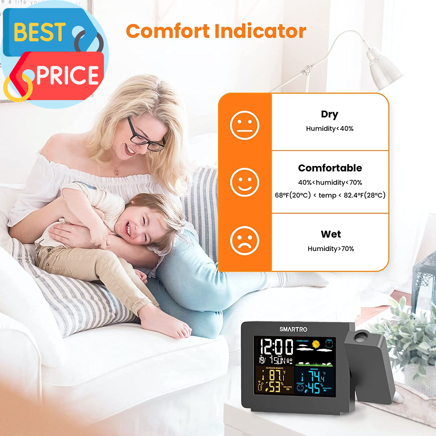 SC91 Projection Alarm Clock for Bedrooms with Weather Station, Wireless Indoor O
