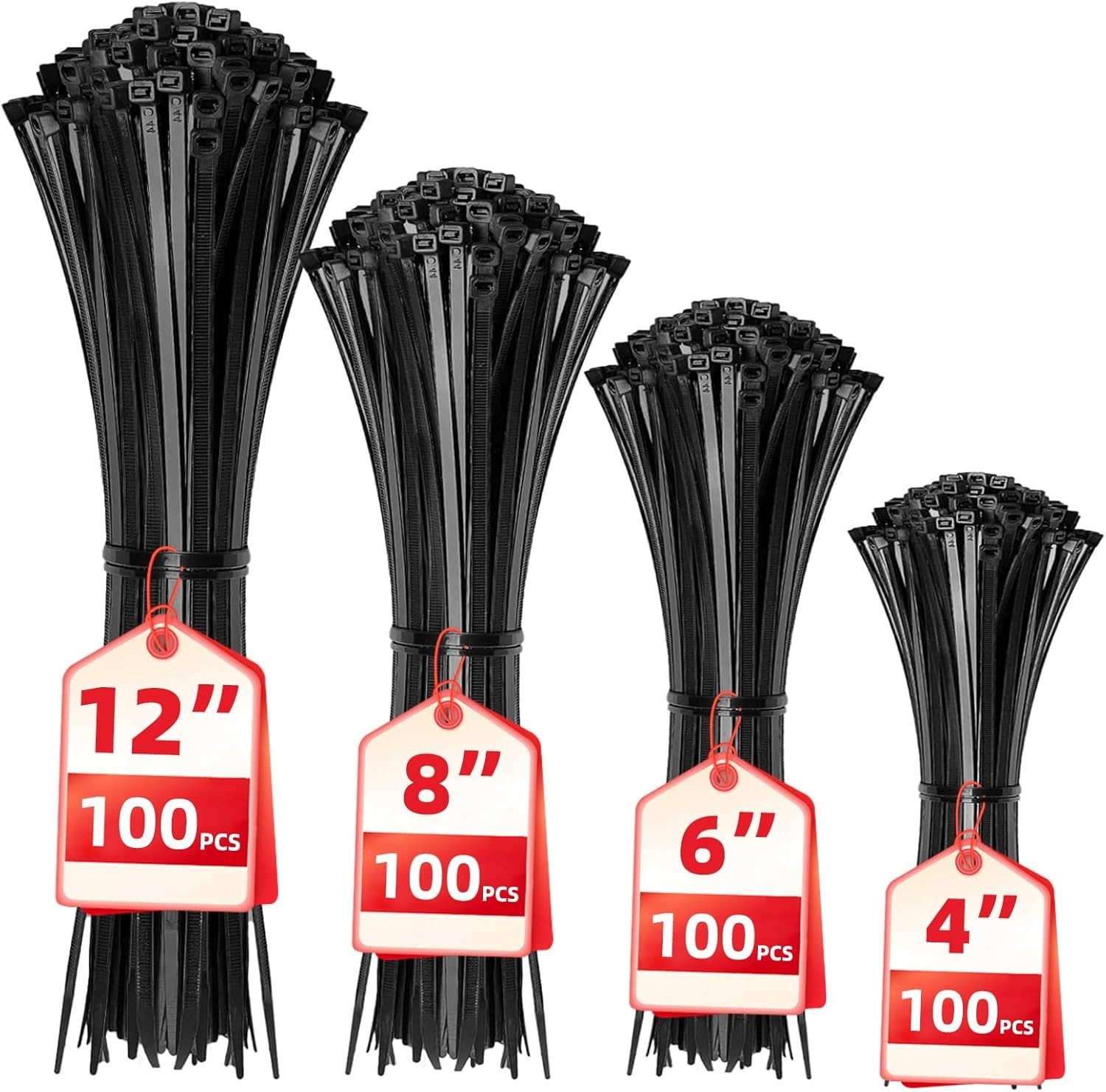 Cable Zip Ties,400 Pack Black Assorted Sizes 12+8+6+4 Inch,Multi-Purpose Self...