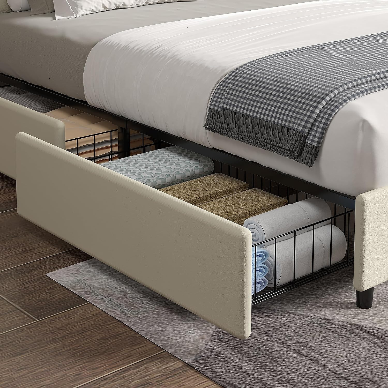 Full Size Upholstered Bed Frame with 4 Storage Drawers, Adjustable Velvet Rivet