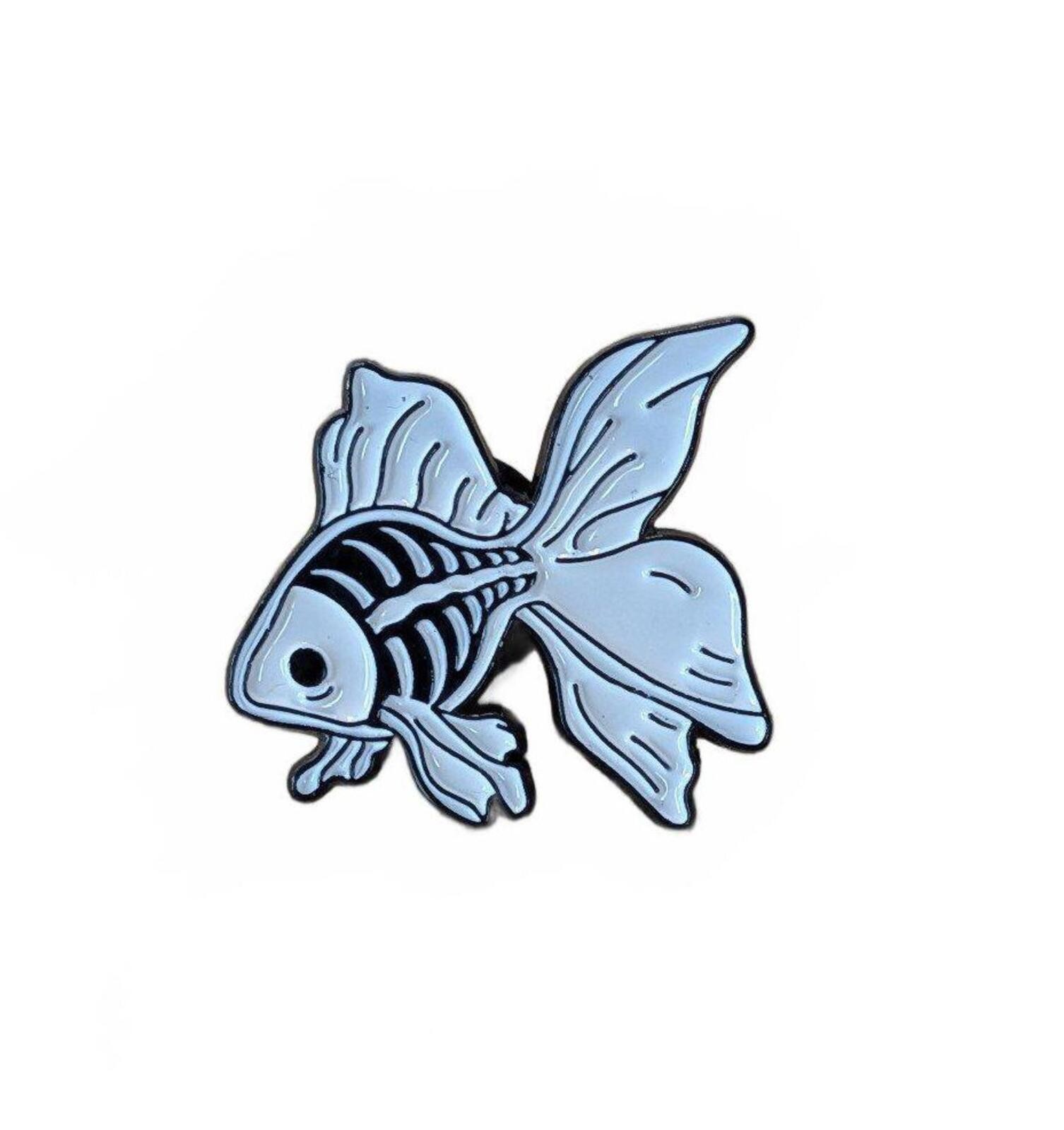 Enamel Pin Skelton Goldfish Fish Pin Black and White Cute Spooky Pins