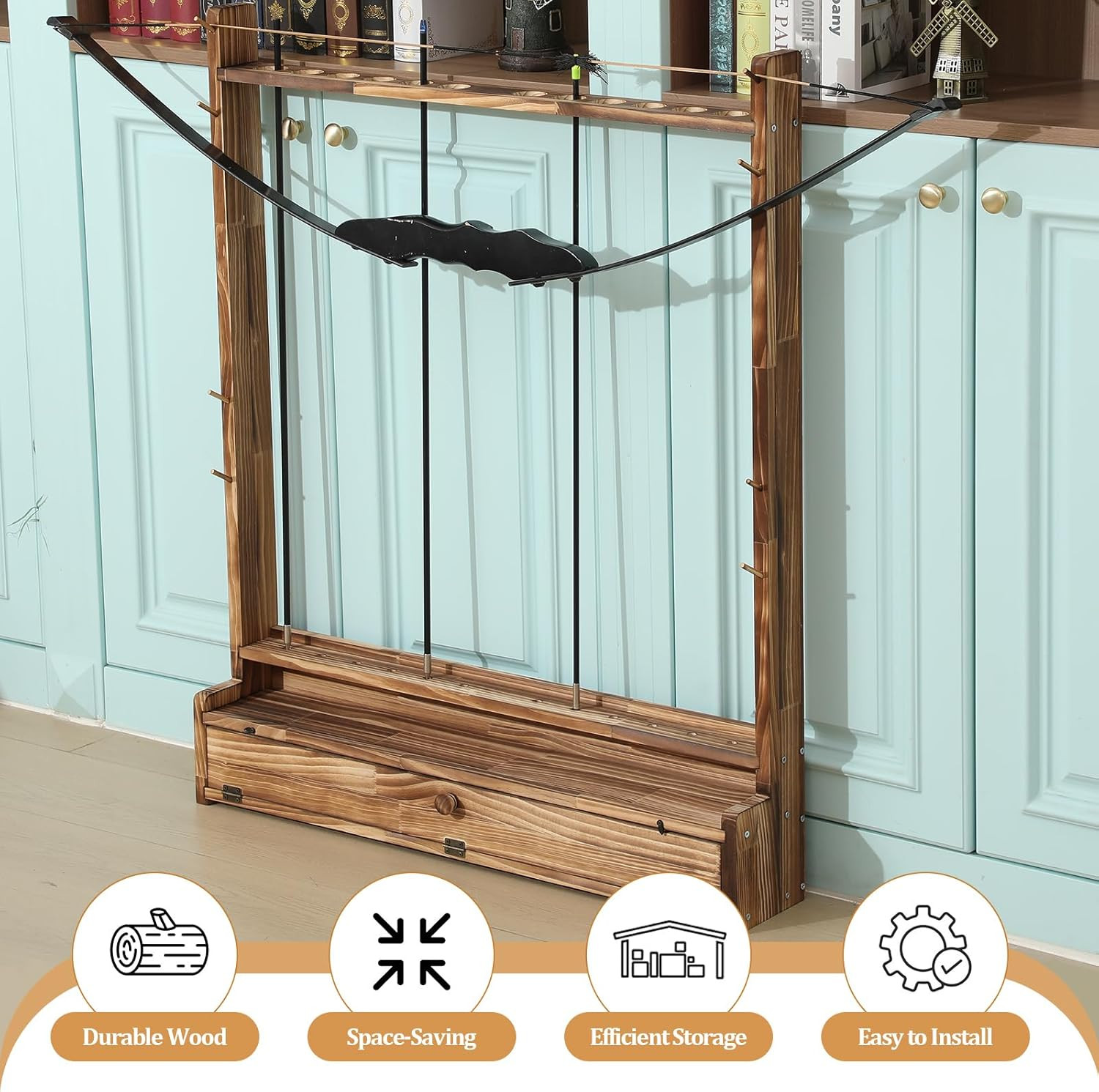 2 Bow and 12 Arrow Wall Mounted Display Rack Compound Solid Wood Arrow Holder, R