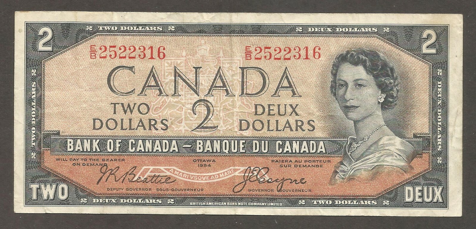 Canada 2 Dollars 1954; VF; P-67b; C-BC30b; sign. Beattie/Coyne; Devil's hair