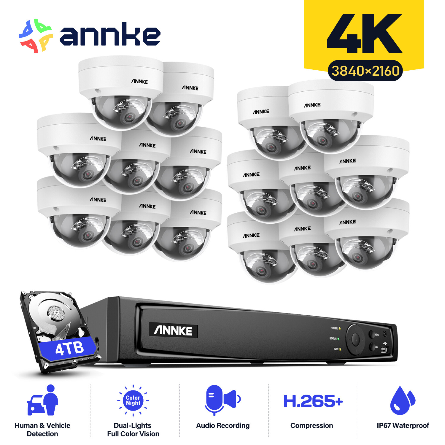 ANNKE 4K POE Color Security Camera System 12MP 8CH 16CH NVR Audio Recording IP67