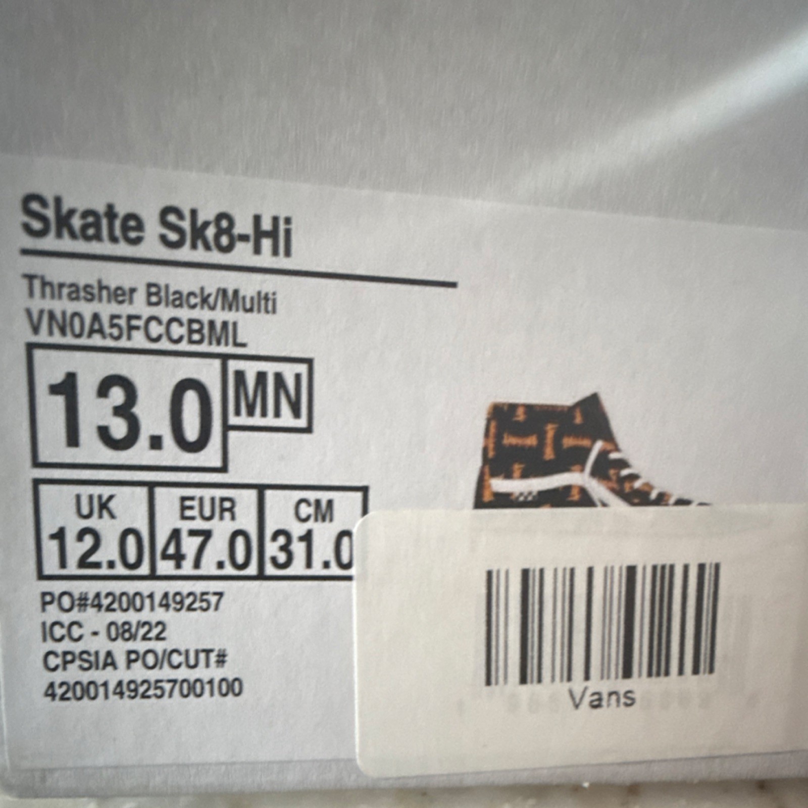 VANS Skate Sk8-Hi Thrasher Black/Multi Skateboarding Shoes Men's US Size 13