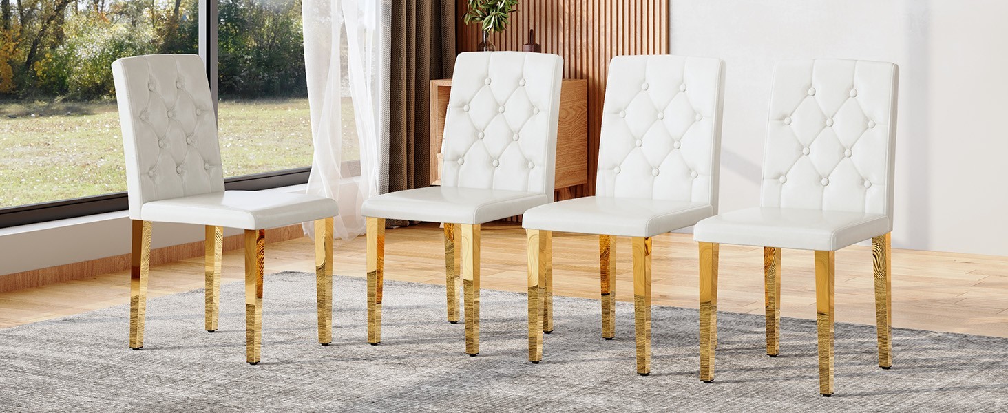 White PU Chairs 4-Pack-Ergonomic Backrest & Golden Metal Legs