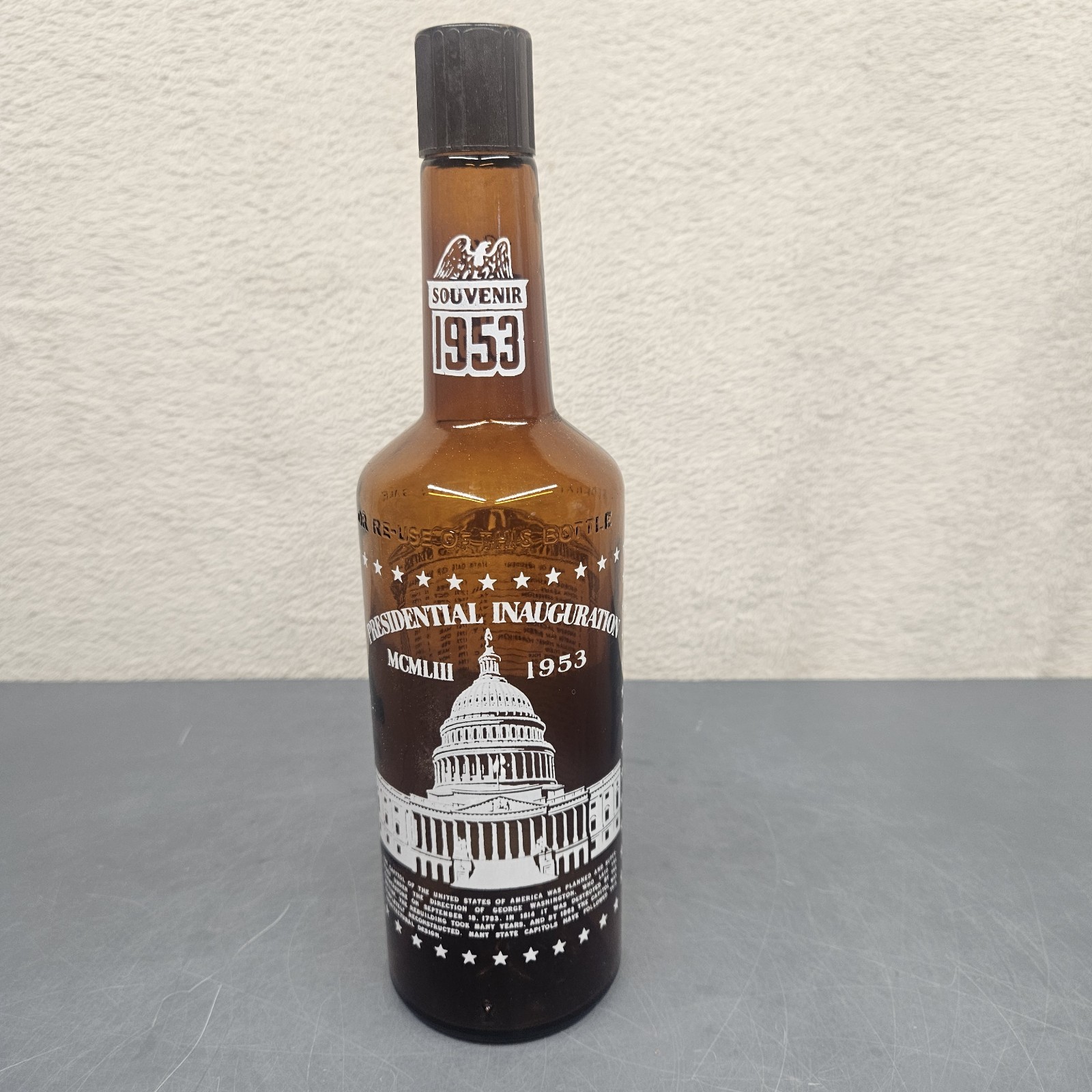 Presidental Inauguration Souvenir 1953 Amber Glass Bottle 11.5" Tall Empty