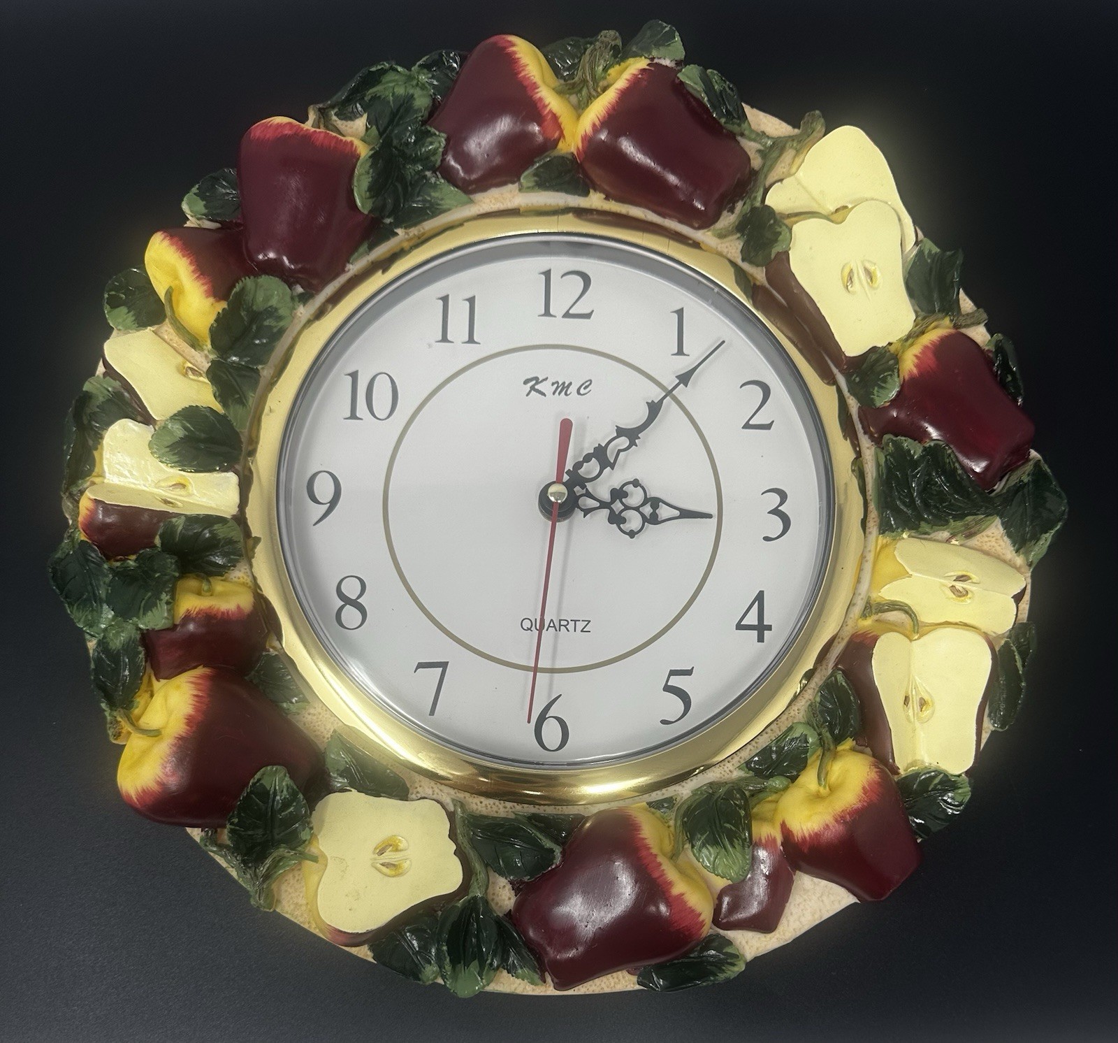 Vintage KMC Quartz 3D Apple Slices Wall Clock Sculpted  12" Works