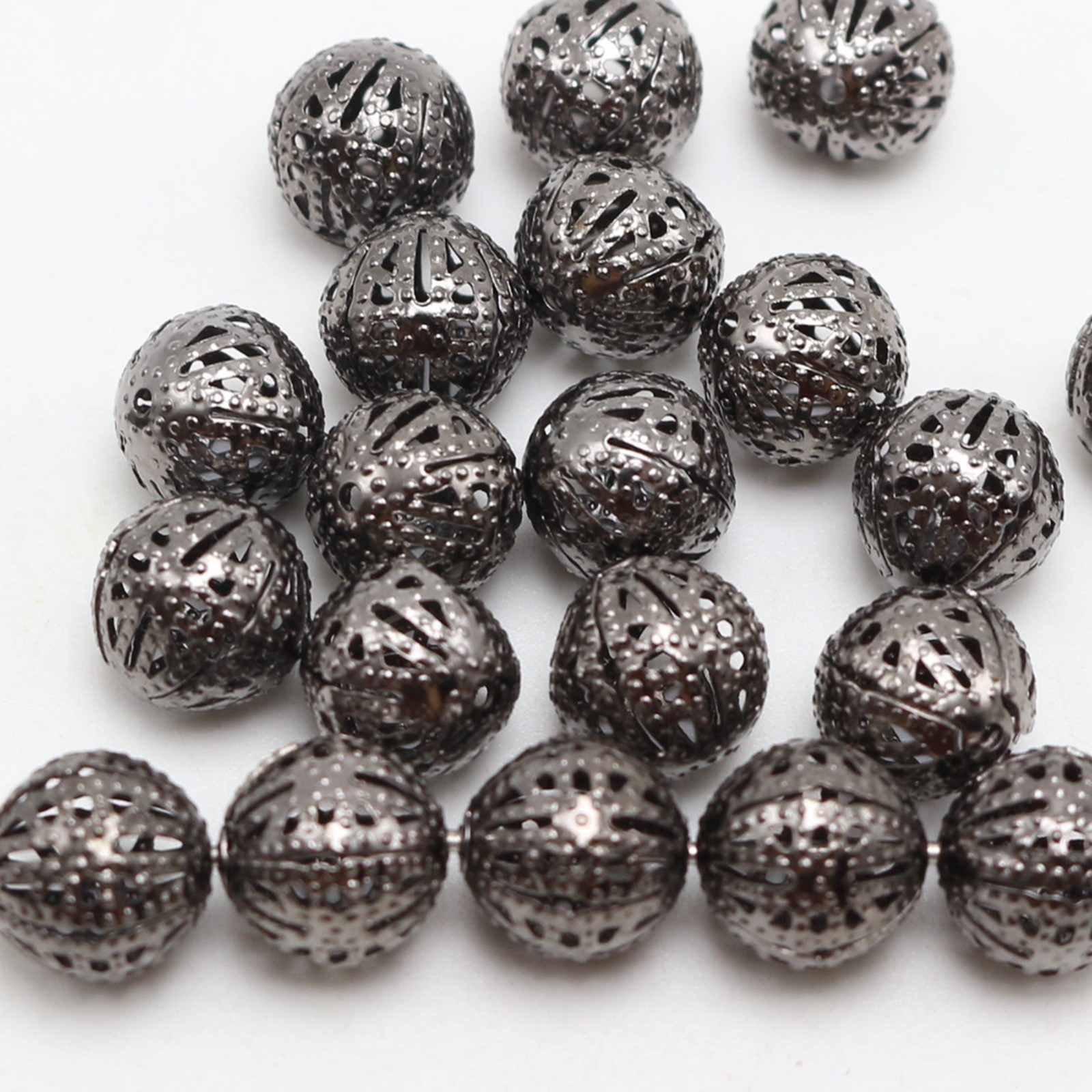 100 Gunmetal Plated Metal Round Filigree Spacer Beads 10mm Jewelry Findings