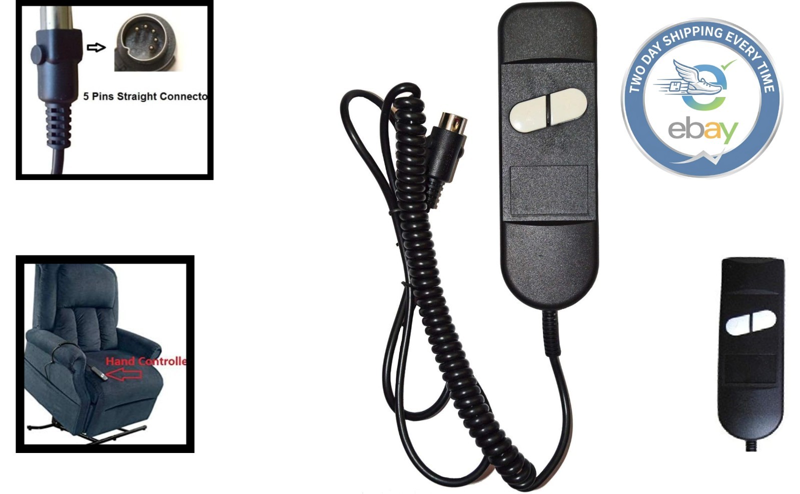 Compact 2-Button Lift Chair Control - Black Plastic Hand Remote for Mobility Aid