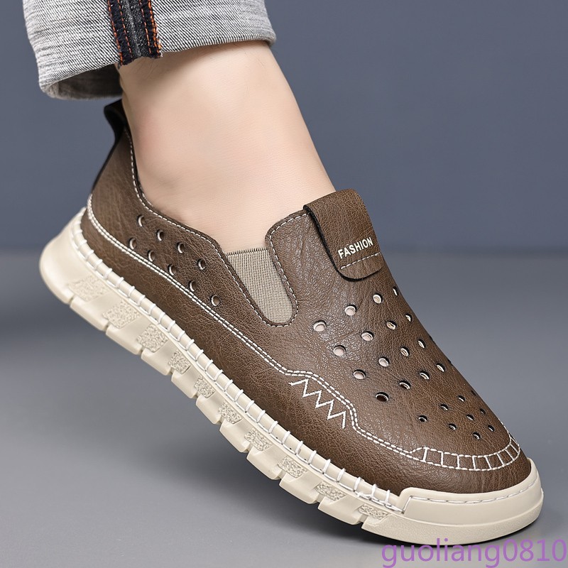 Men's Faux Leather Shoes Hollow Out Round Toe Slip On Breathable Fashion Casual