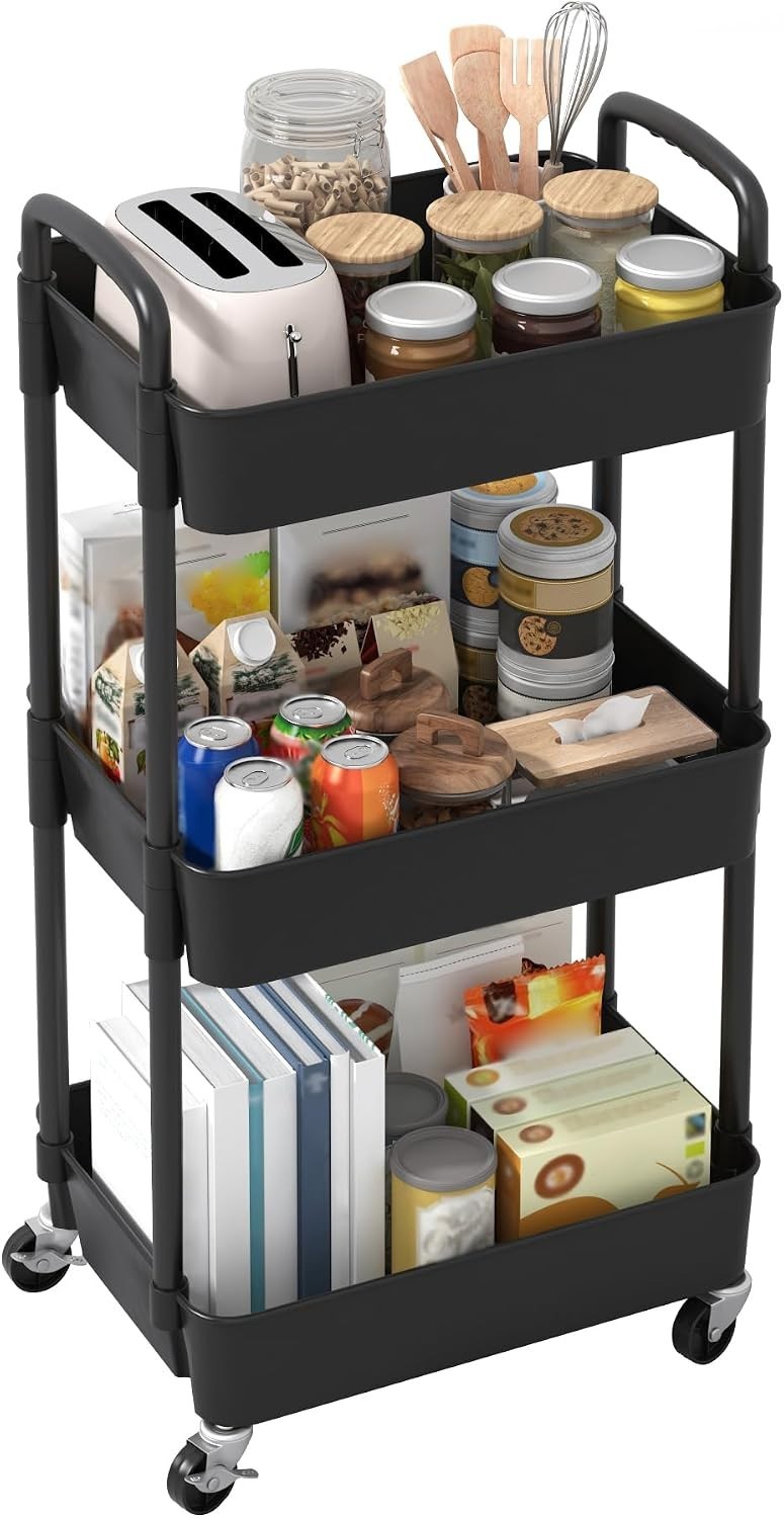 Sleek Mobile Organizer: 3-Tier Utility Cart with Easy Assembly & Locking Wheels