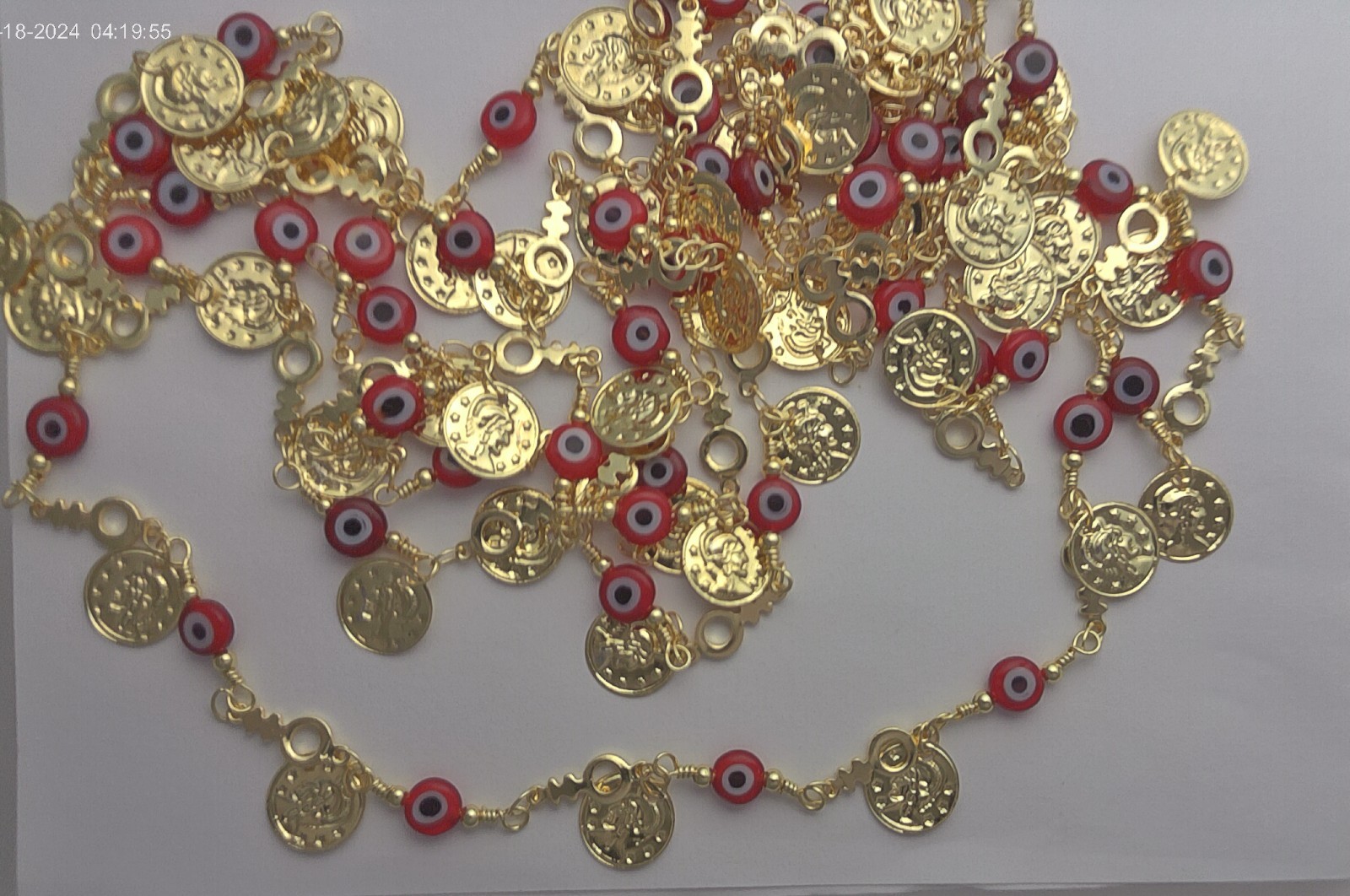 6 FEET RED EVIL EYE ( 6MM) WITH GOLD COINS ( 10MM) CHAIN