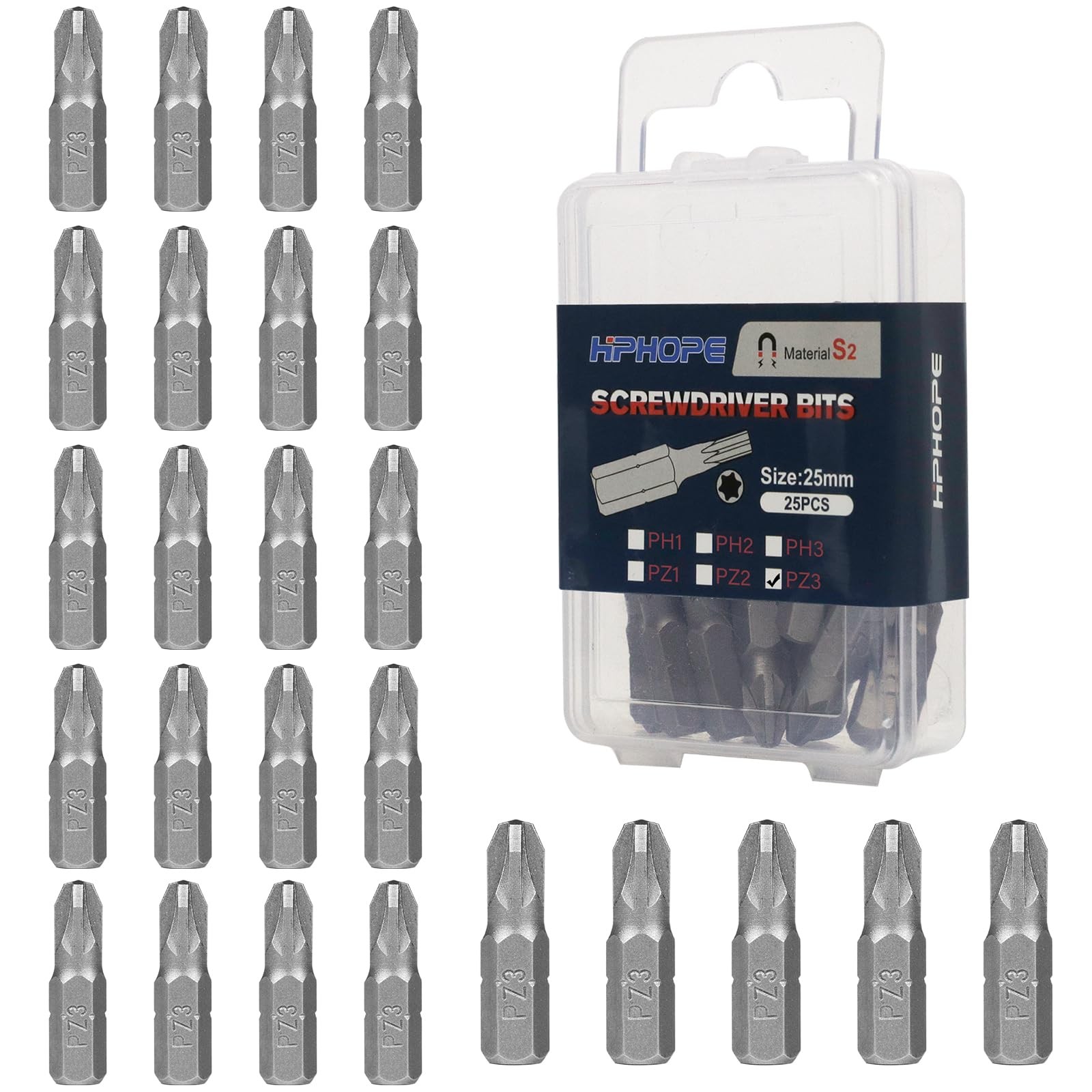 PZ3 Screwdriver Bit Set, Pozi Bits PZ3 1/4 Hexagon Bit Length 1, 25 Pack